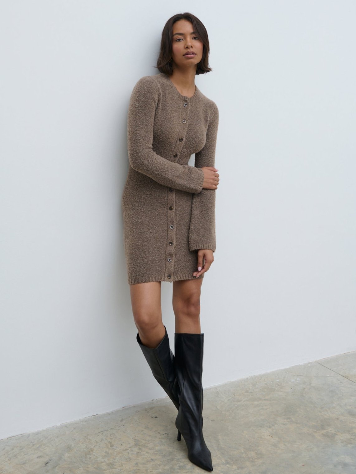 Aida Mini Button Down Knit Dress - Mocha