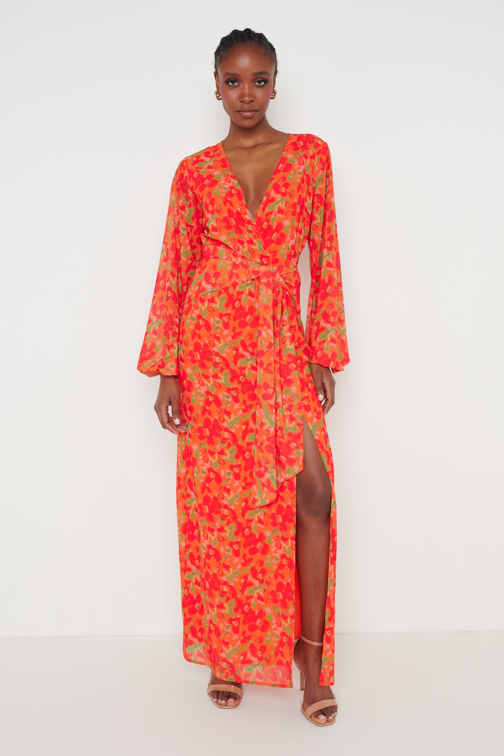 Alexis Knot Drape Dress - Red and Orange Floral