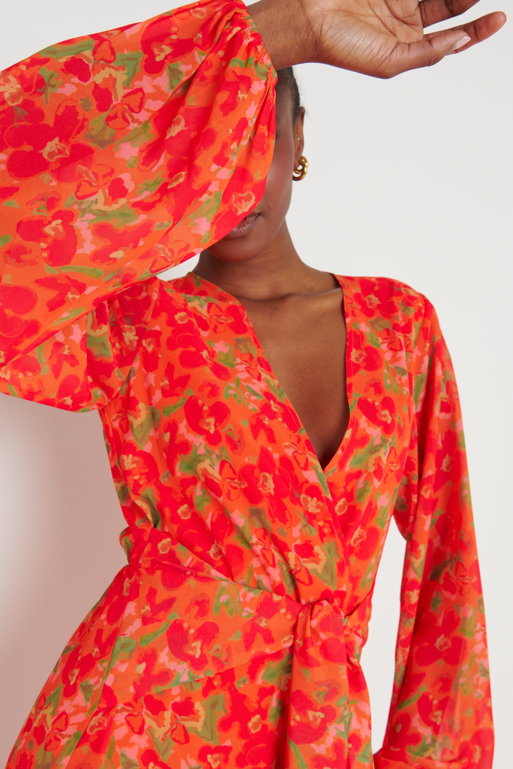 Alexis Knot Drape Dress - Red and Orange Floral