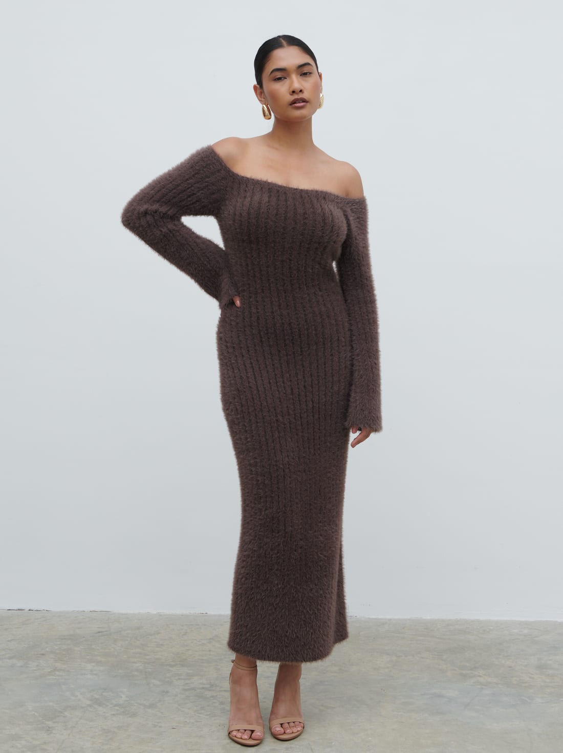 chocolate textured ruched long sleeve midaxi dress Alora Fluffy Knit Midaxi Dress