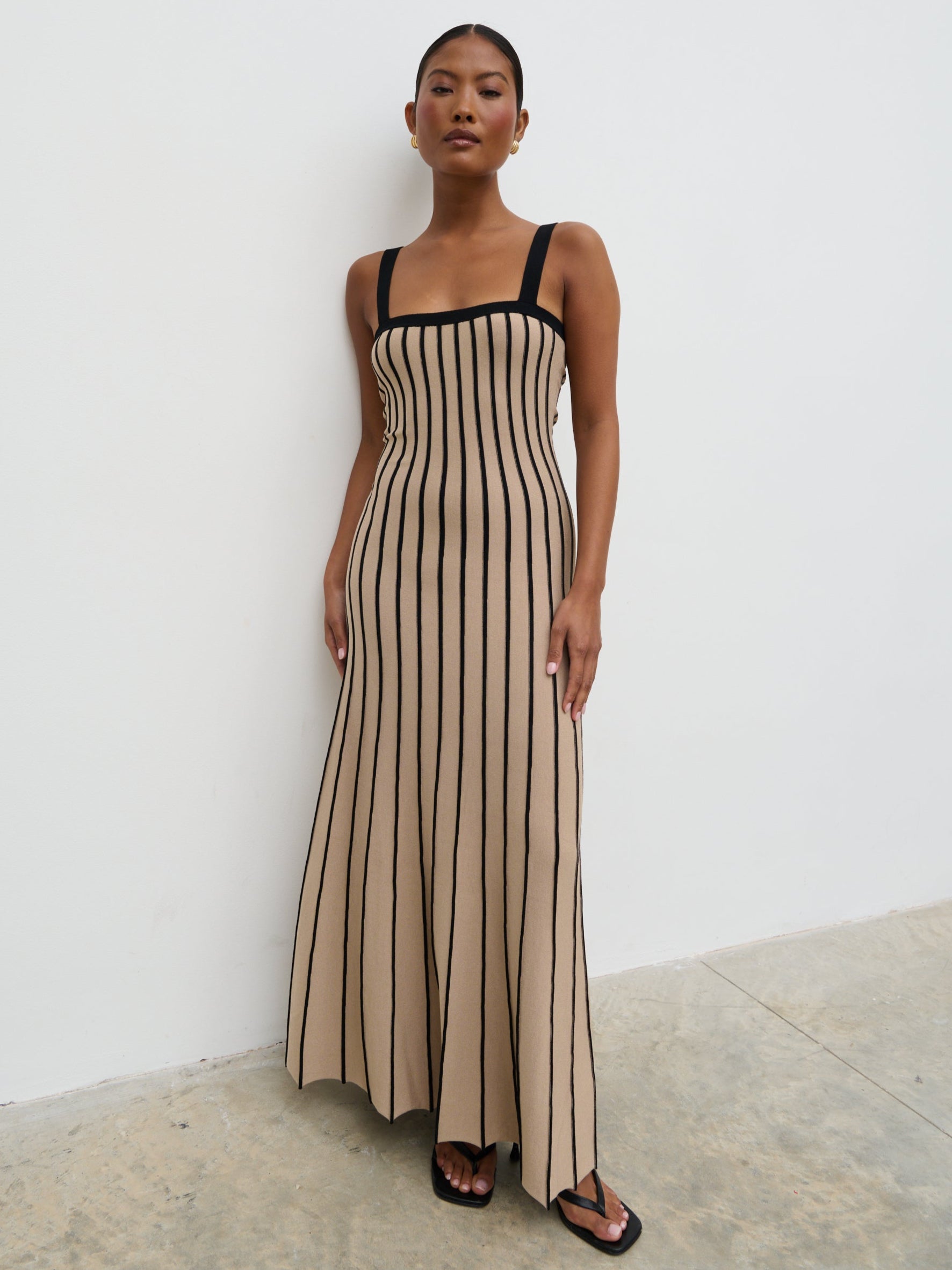 Alyssia Stripe Long Midaxi Knit Dress - Dark Beige and Black Alyssia Stripe Long Midaxi Knit Dress - Dark Beige and Black
