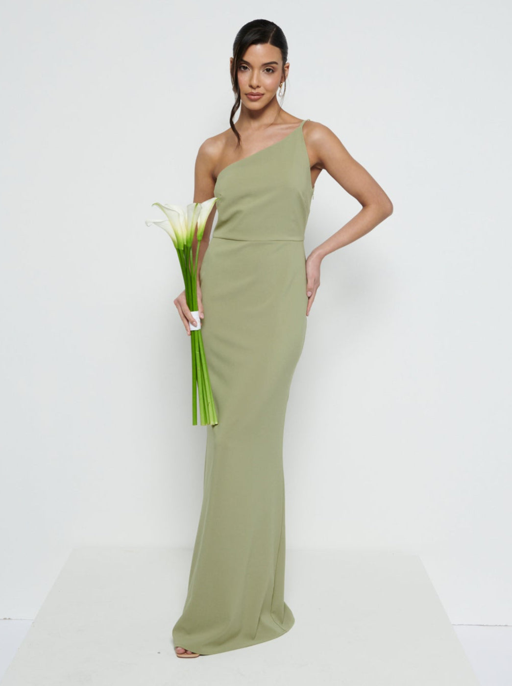 Amelia One Shoulder Crepe Maxi Bridesmaid Dress - Olive