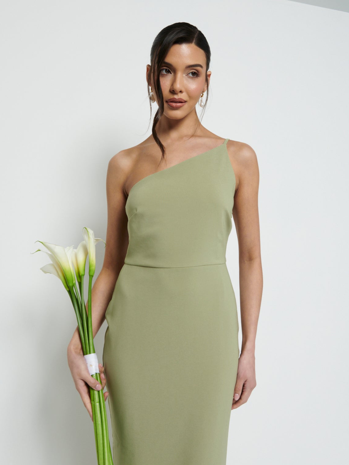 Amelia One Shoulder Crepe Maxi Bridesmaid Dress - Olive