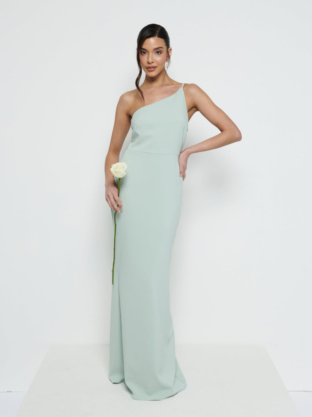 Amelia One Shoulder Crepe Maxi Bridesmaid Dress - Sage Pretty Lavish Amelia One Shoulder Crepe Maxi Bridesmaid Dress - Sage Pretty Lavish