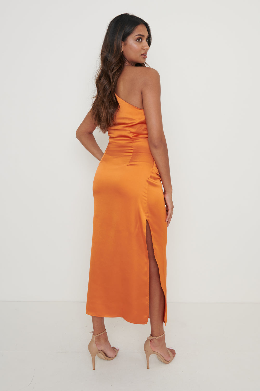 One Shoulder Ruched Satin Long Dress With Ribbons Marigold