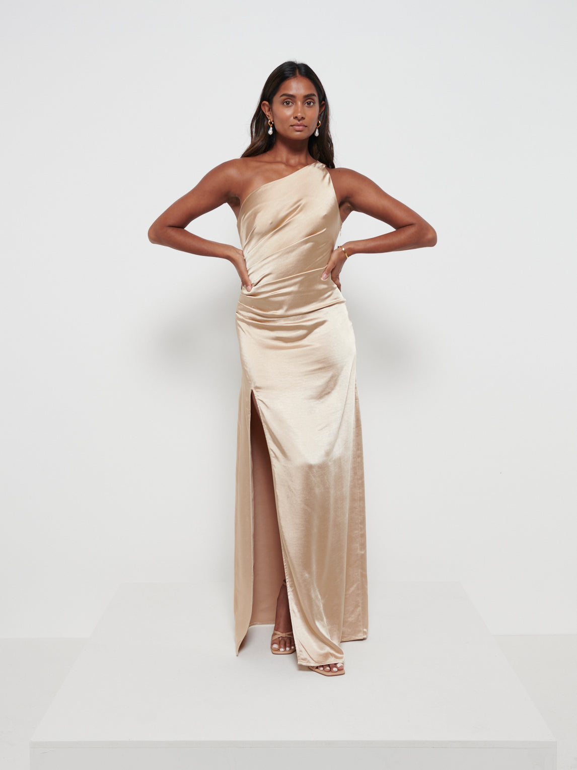 bronze bridesmaid dresses Amelia Ruched Maxi Bridesmaid Dress