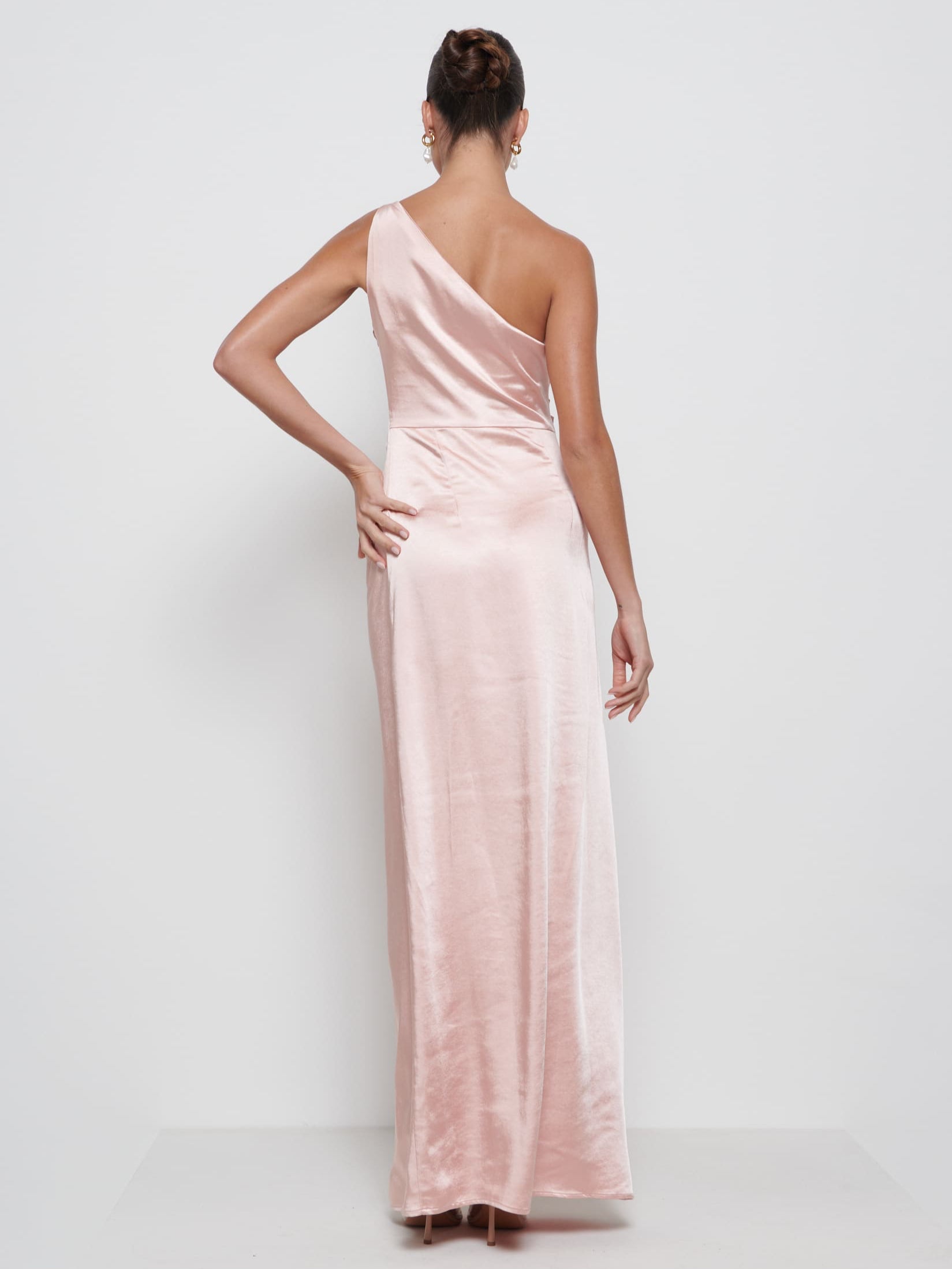 amelia ruched maxi bridesmaid dress Muse Assembly Amelia Ruched Ruffle Tie-Strap Satin Maxi Dress