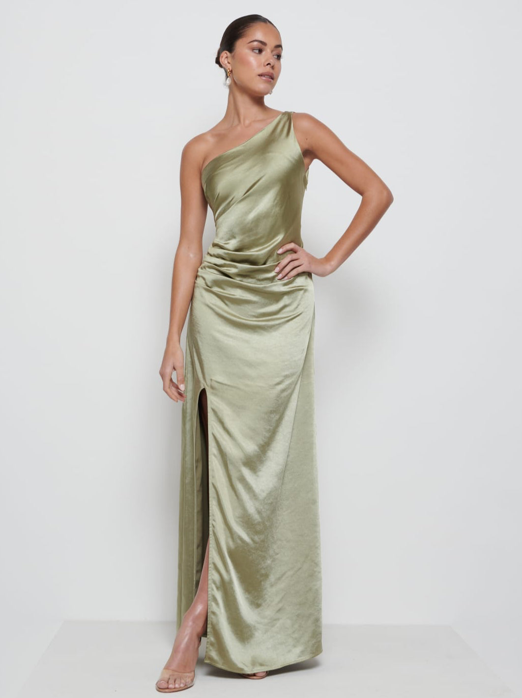 Amelia Ruched Maxi Bridesmaid Dress - Matte Olive Pretty Lavish Amelia Ruched Maxi Bridesmaid Dress - Matte Olive Pretty Lavish