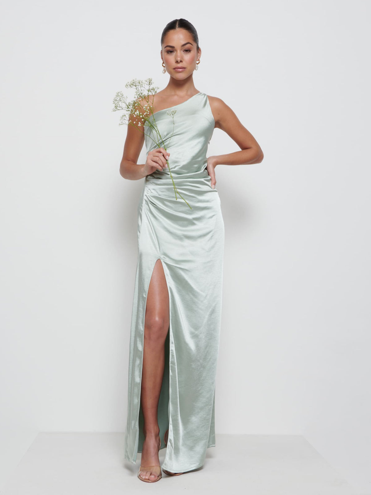 matte satin sage bridesmaid dresses Amelia Ruched Maxi Dress Portia and Scarlett Strapless stylish hijab Sheath Fabric SIZE:US|0-4