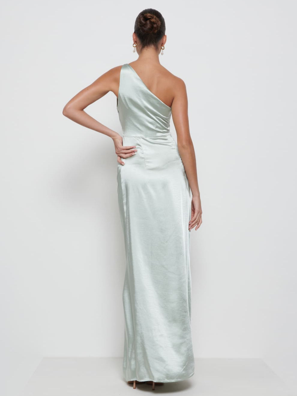 amelia ruched maxi bridesmaid dress Muse Assembly Amelia Ruched Ruffle Tie-Strap Satin Maxi Dress