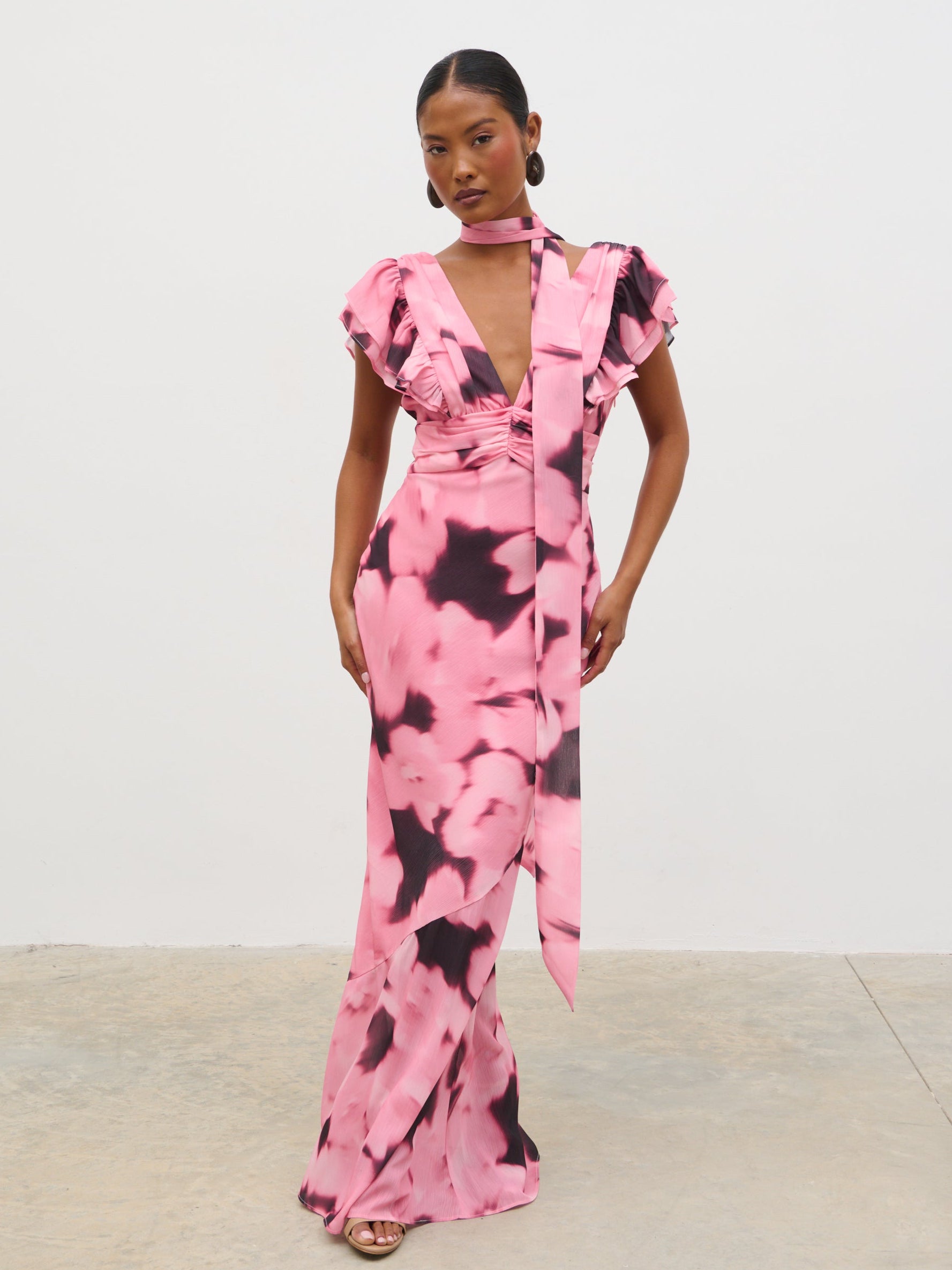Andi V-Neck Frill Maxi Dress - Blush Watercolour Floral – Pretty