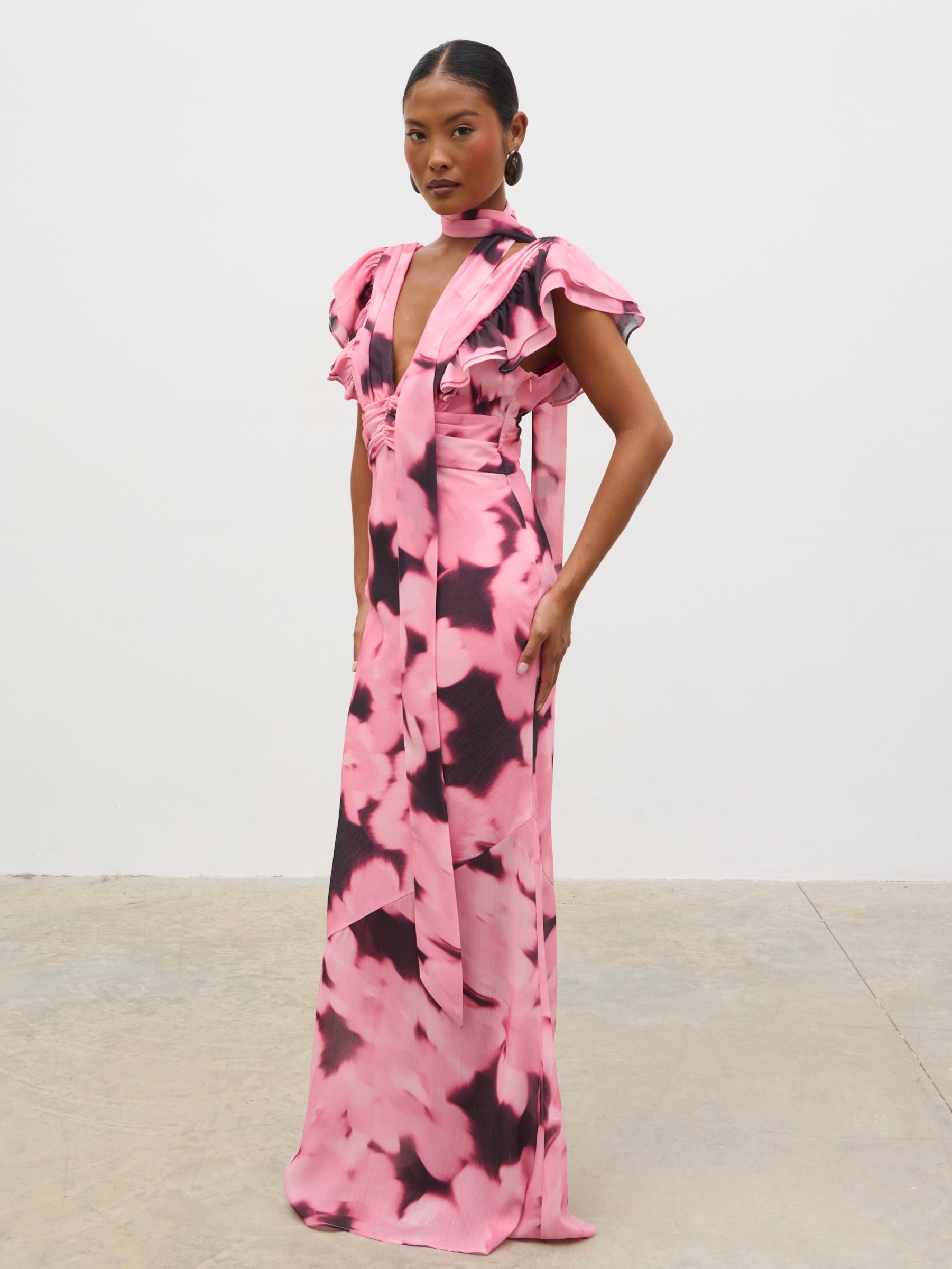 Andi V-Neck Frill Maxi Dress - Blush Watercolour Floral – Pretty