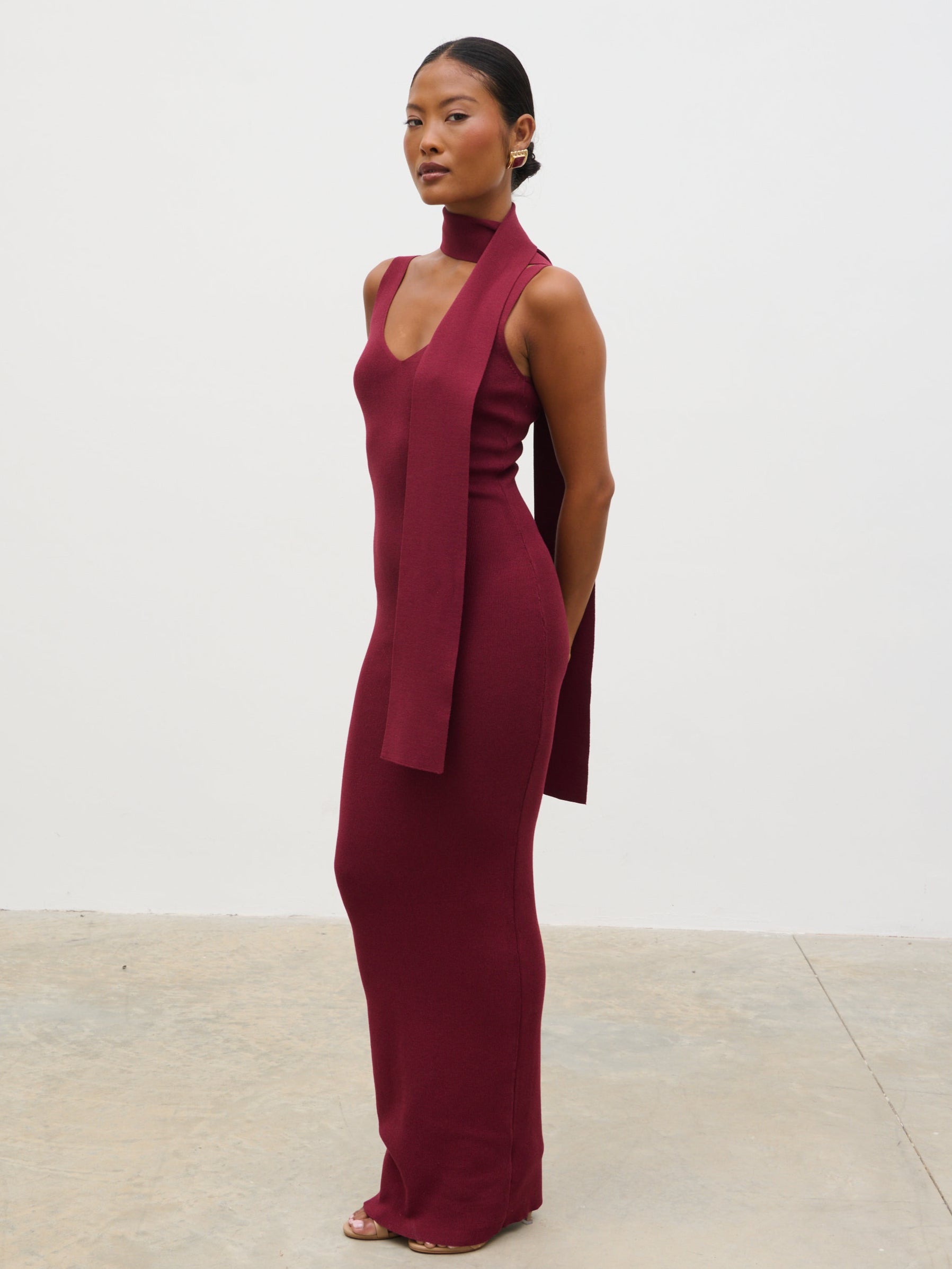 Arabella Knit Maxi Dress with Neck Tie - Wine Pretty Lavish Arabella Knit Maxi Dress with Neck Tie - Wine Pretty Lavish