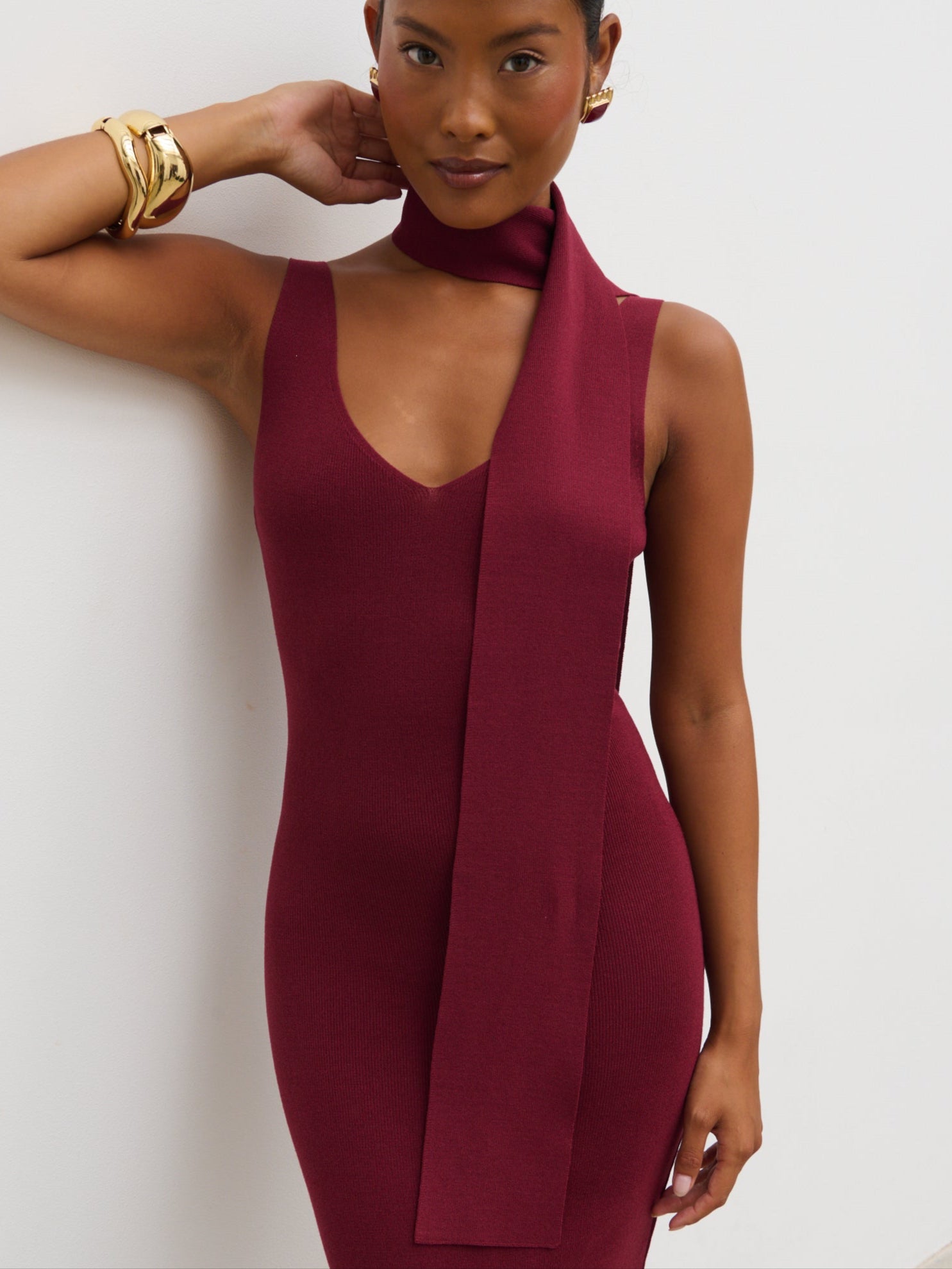 Arabella Knit Maxi Dress with Neck Tie - Wine Arabella Knit Maxi Dress with Neck Tie - Wine
