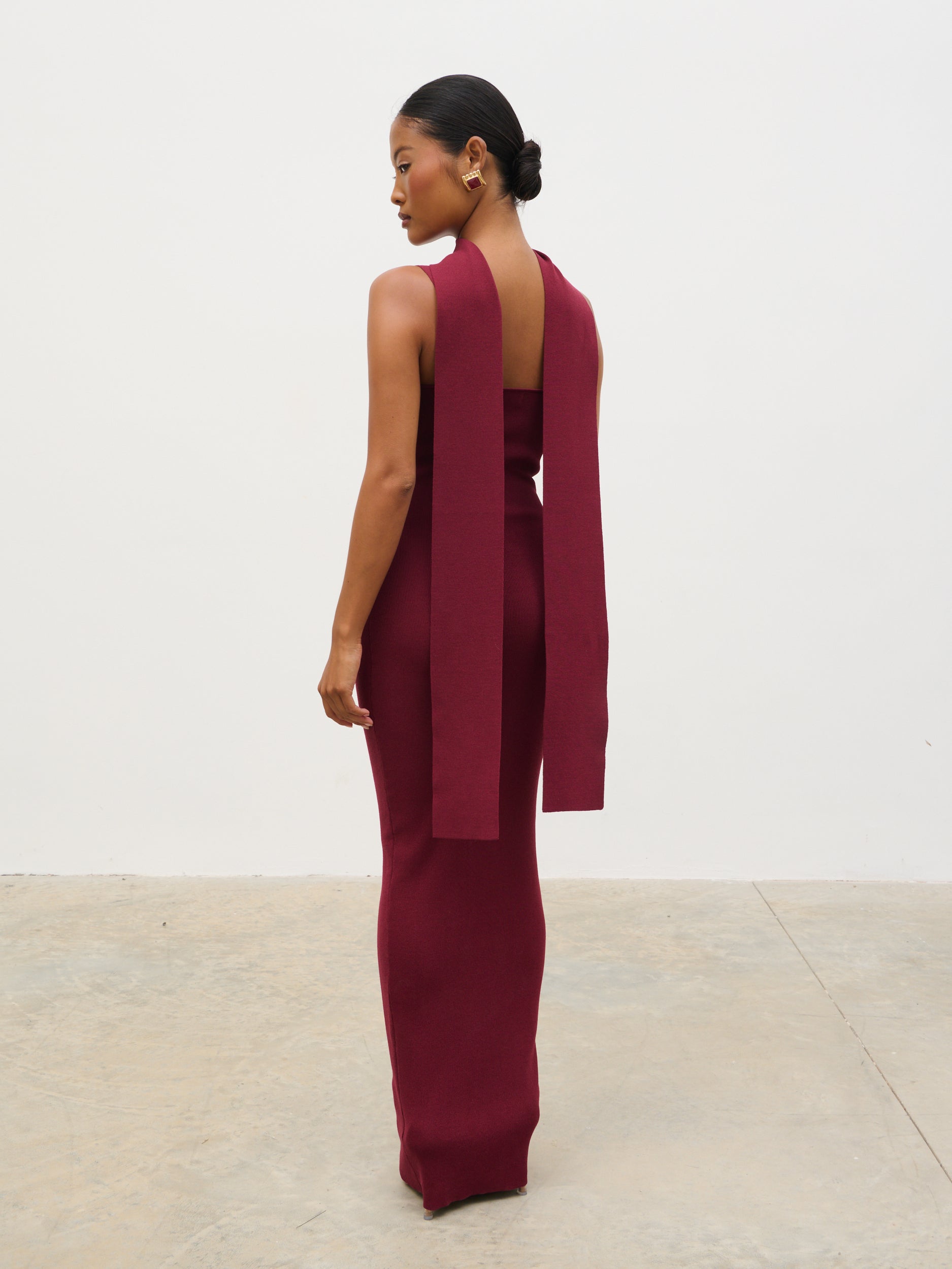 Arabella Knit Maxi Dress with Neck Tie - Wine Pretty Lavish Arabella Knit Maxi Dress with Neck Tie - Wine Pretty Lavish