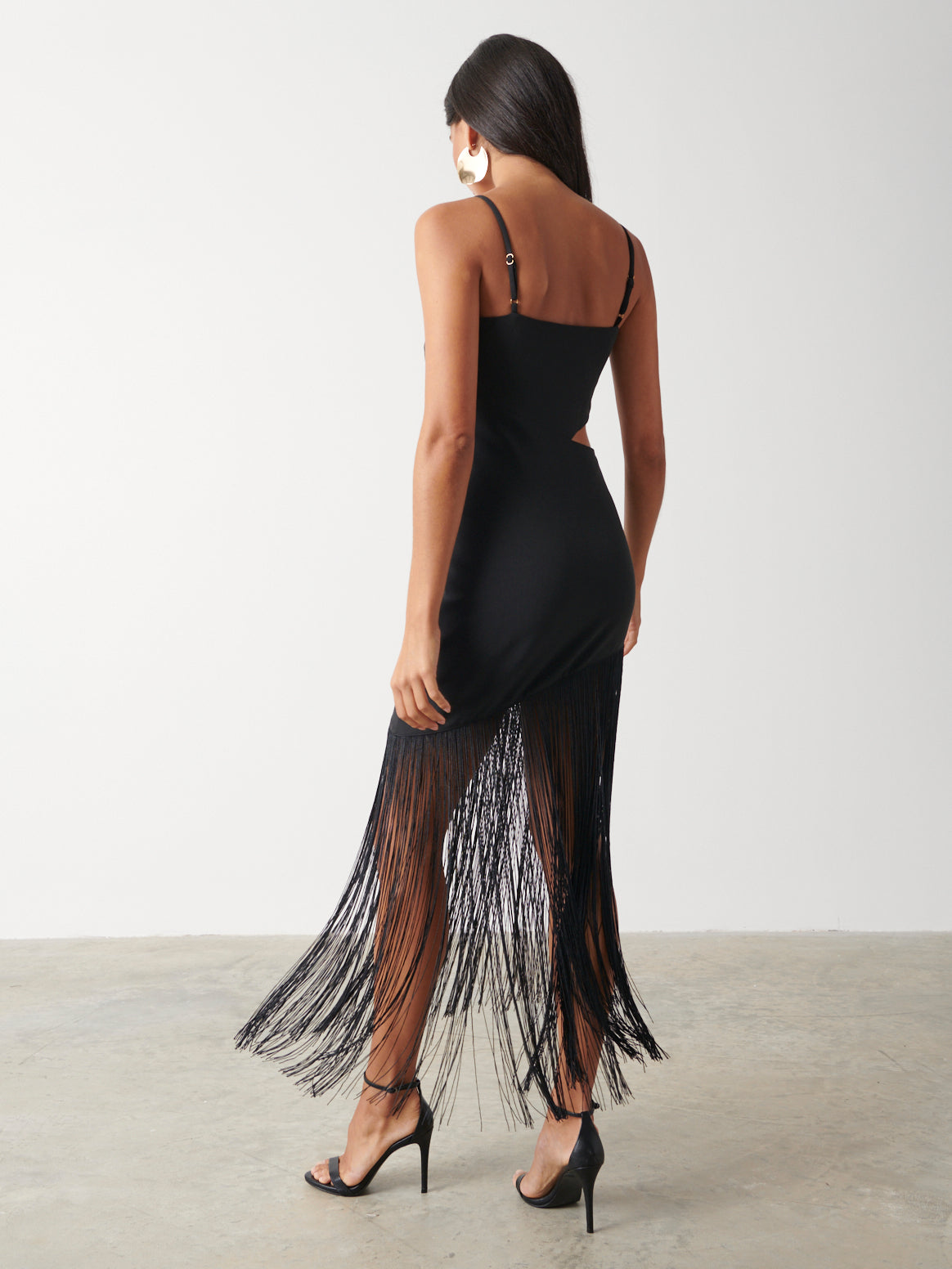 Arcelia Asymmetric Fringed Midaxi Dress - Black