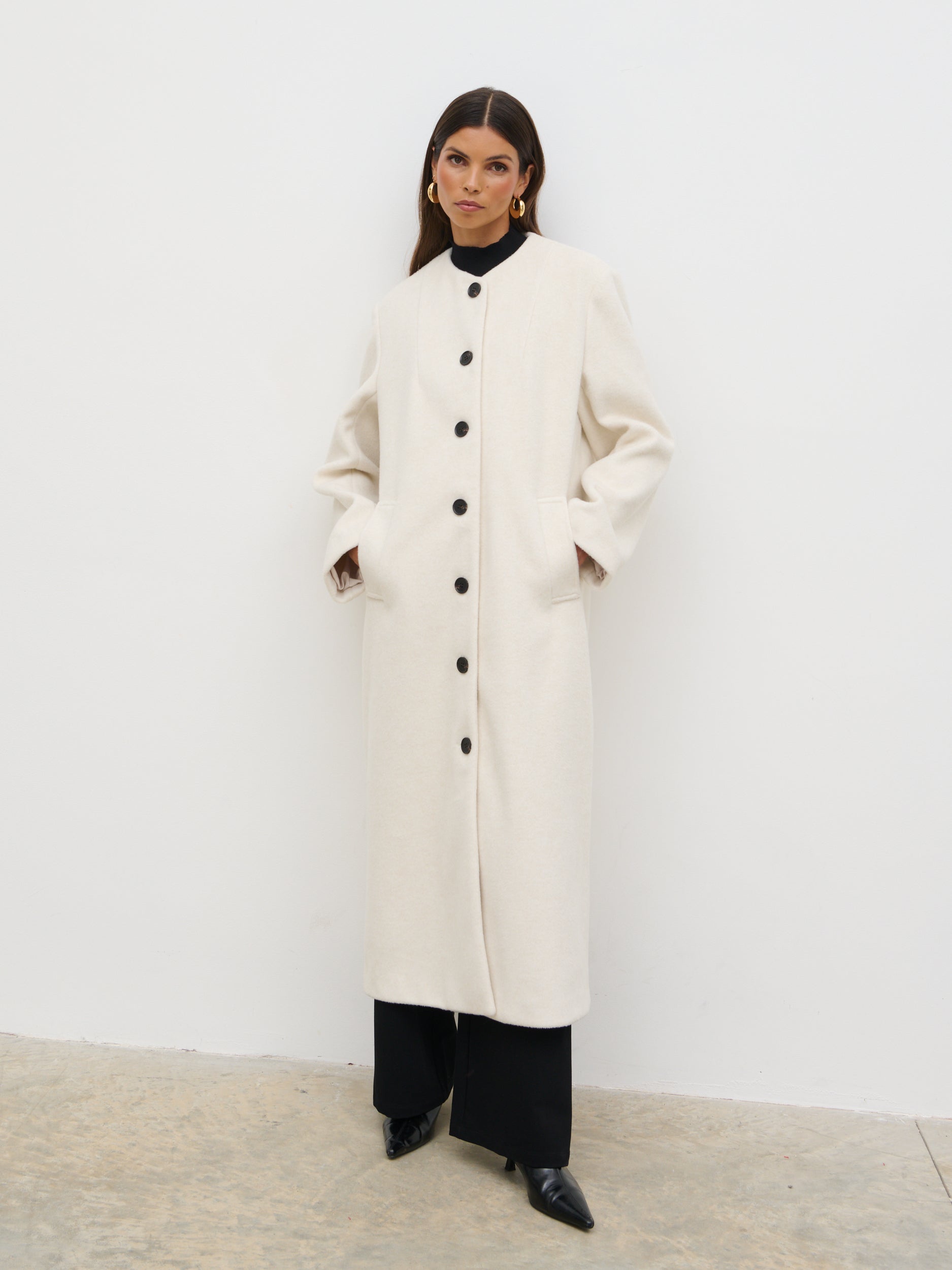 Ari Collarless Coat with Scarf Cream – Pretty Lavish