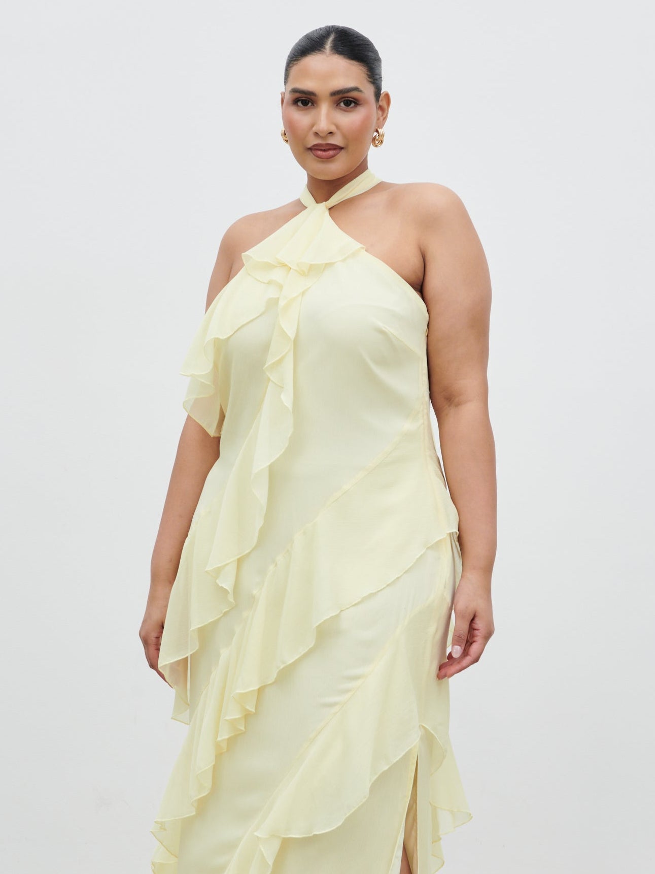 Aria Halterneck Ruffle Midaxi Dress Curve - Lemon Pretty Lavish Aria Halterneck Ruffle Midaxi Dress Curve - Lemon Pretty Lavish
