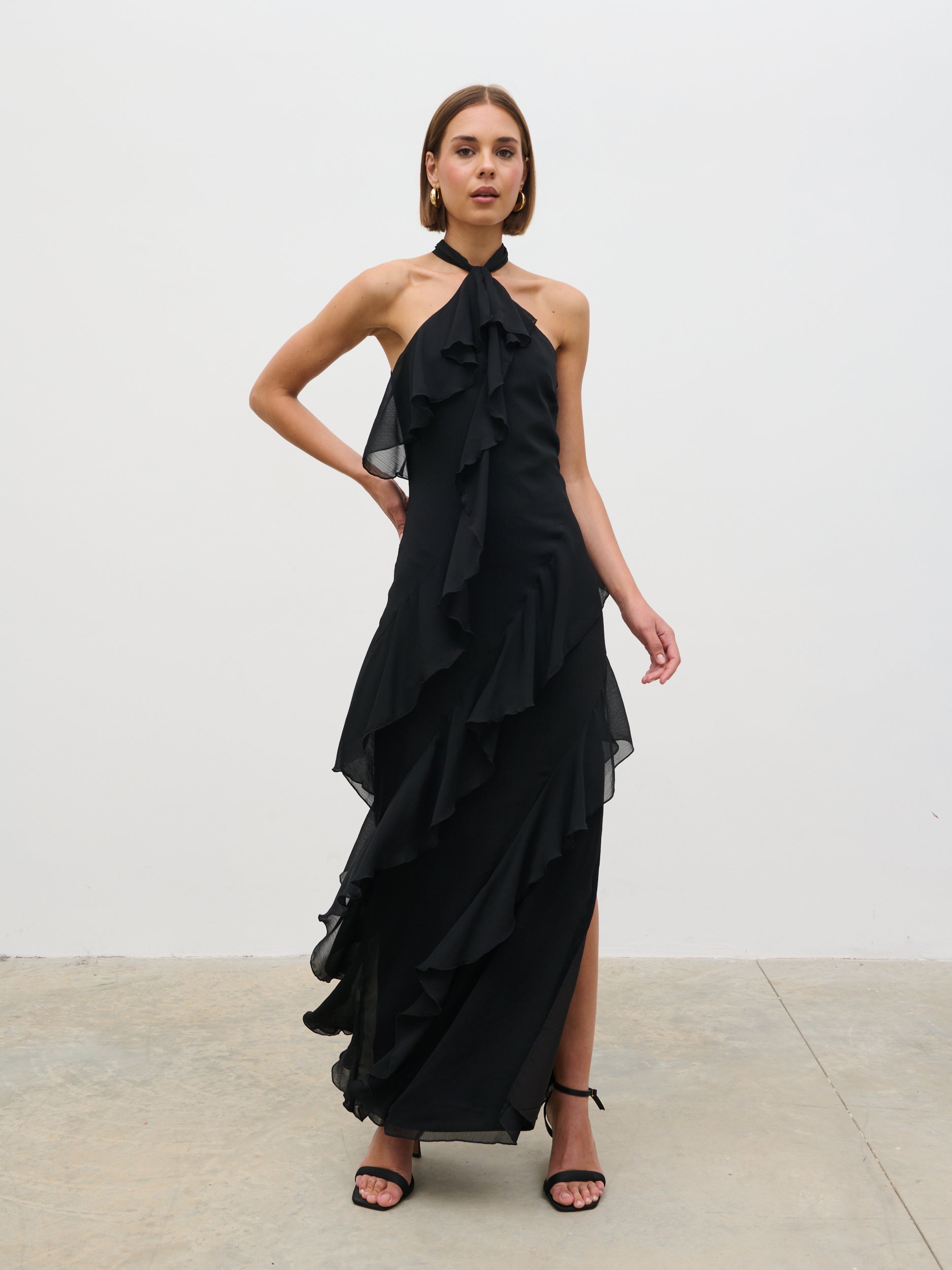 Aria Halter Neck Ruffle Maxi Dress - Black Pretty Lavish Aria Halter Neck Ruffle Maxi Dress - Black Pretty Lavish