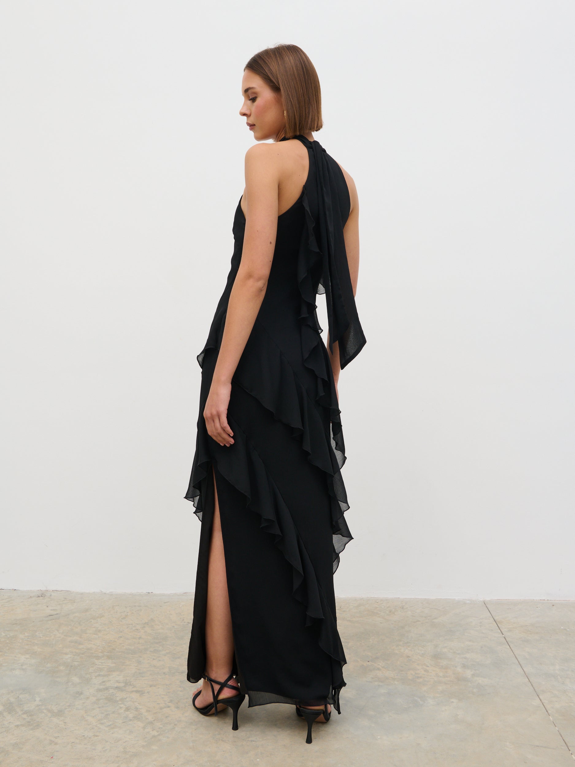 embellished halter neck ruffle maxi dress in black Anley Embellished Halter Neck Ruffle Maxi Dress in Black