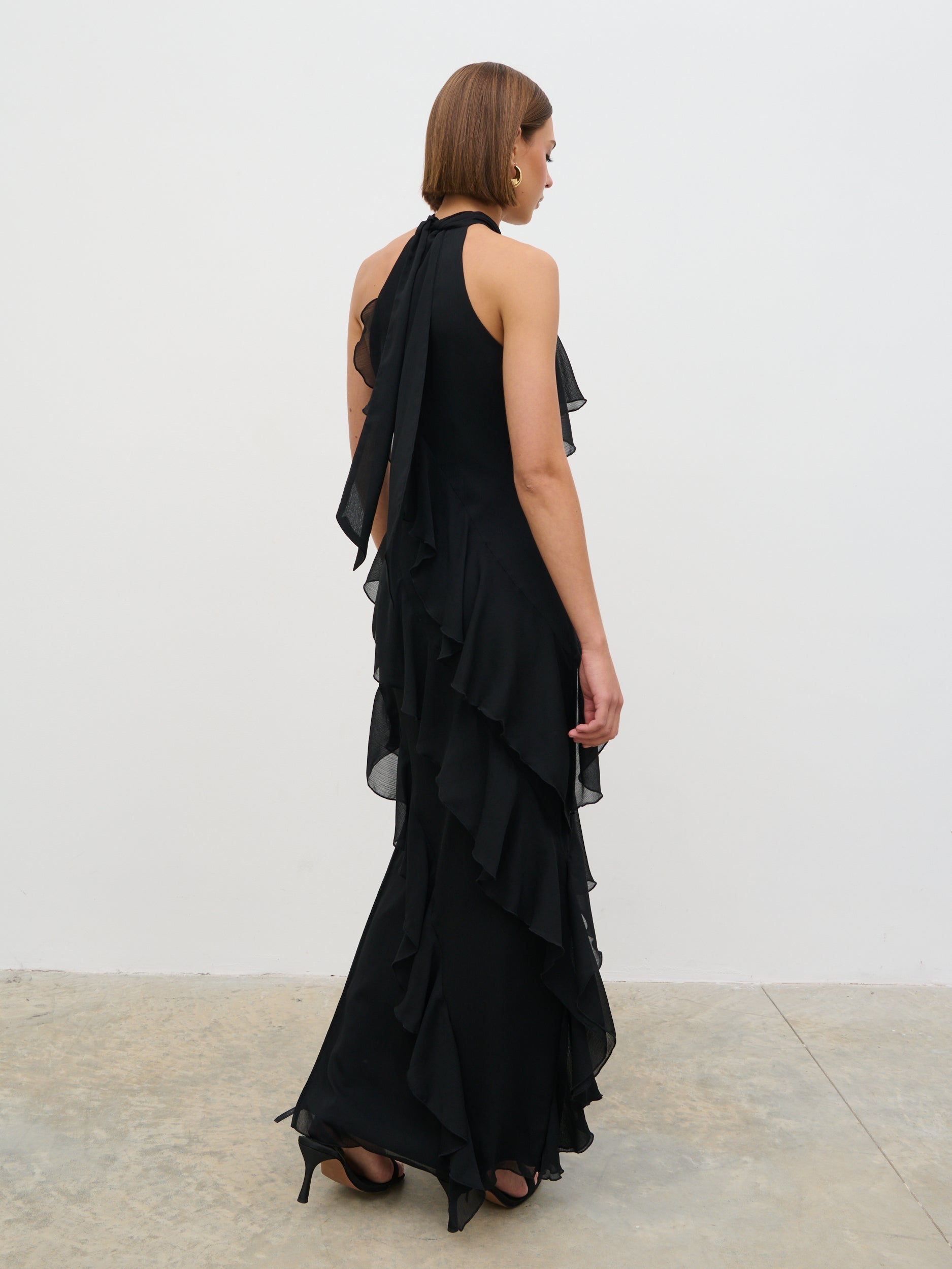 embellished halter neck ruffle maxi dress in black Embellished Halter Neck Ruffle Maxi Dress in Black