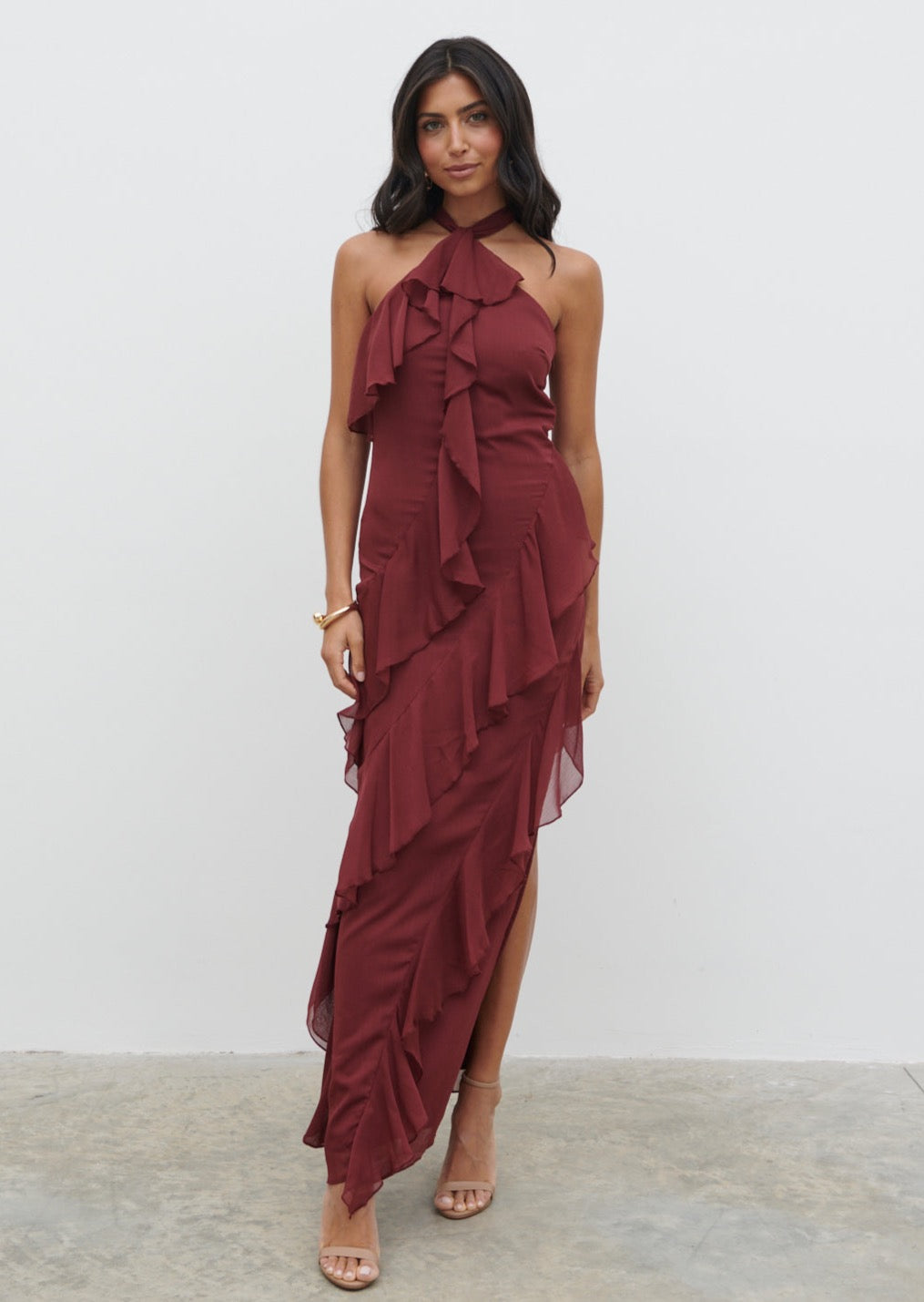 Aria Halter Neck Ruffle Maxi Dress - Wine