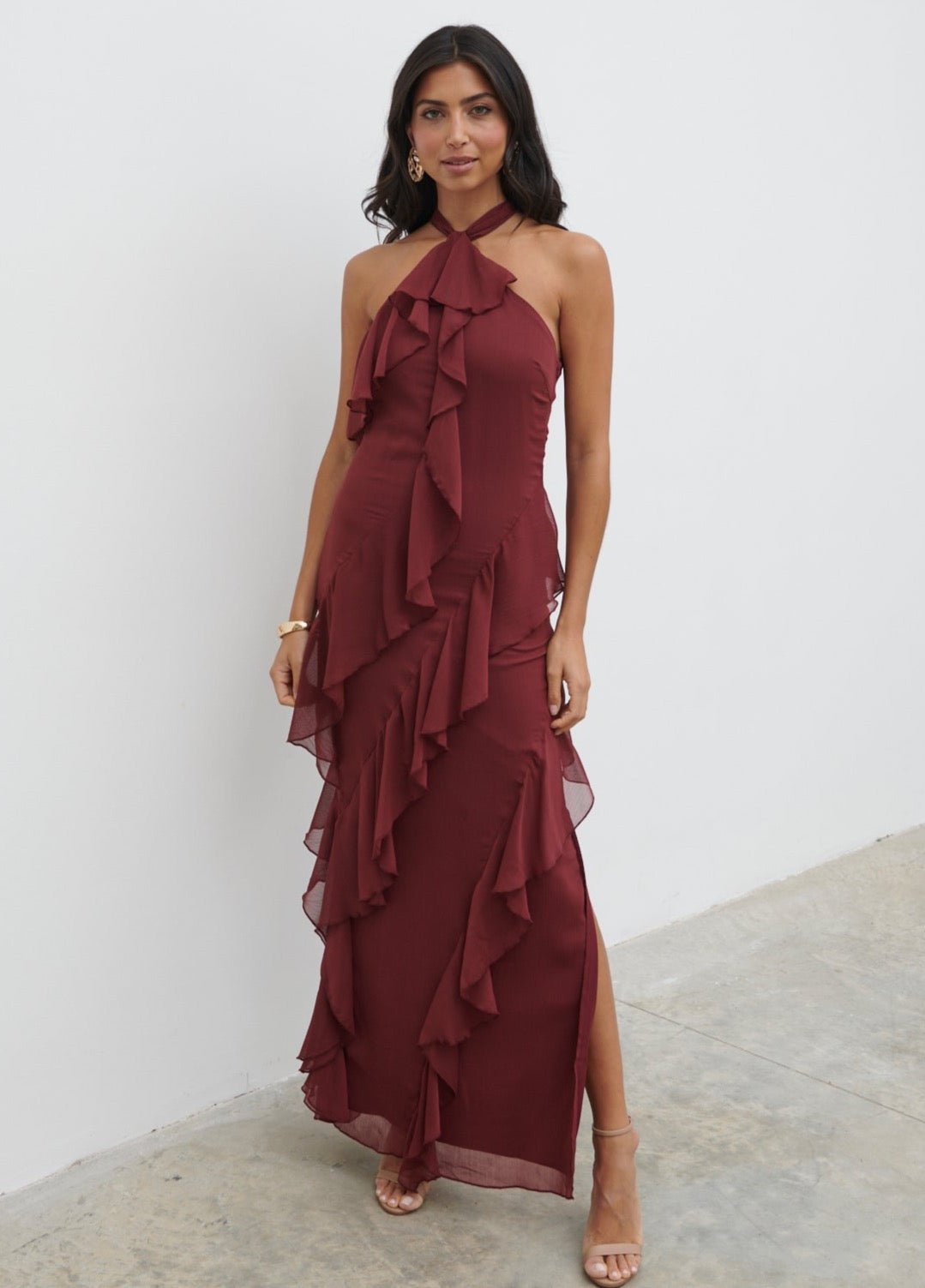 Aria Halter Neck Ruffle Maxi Dress - Wine Pretty Lavish Aria Halter Neck Ruffle Maxi Dress - Wine Pretty Lavish