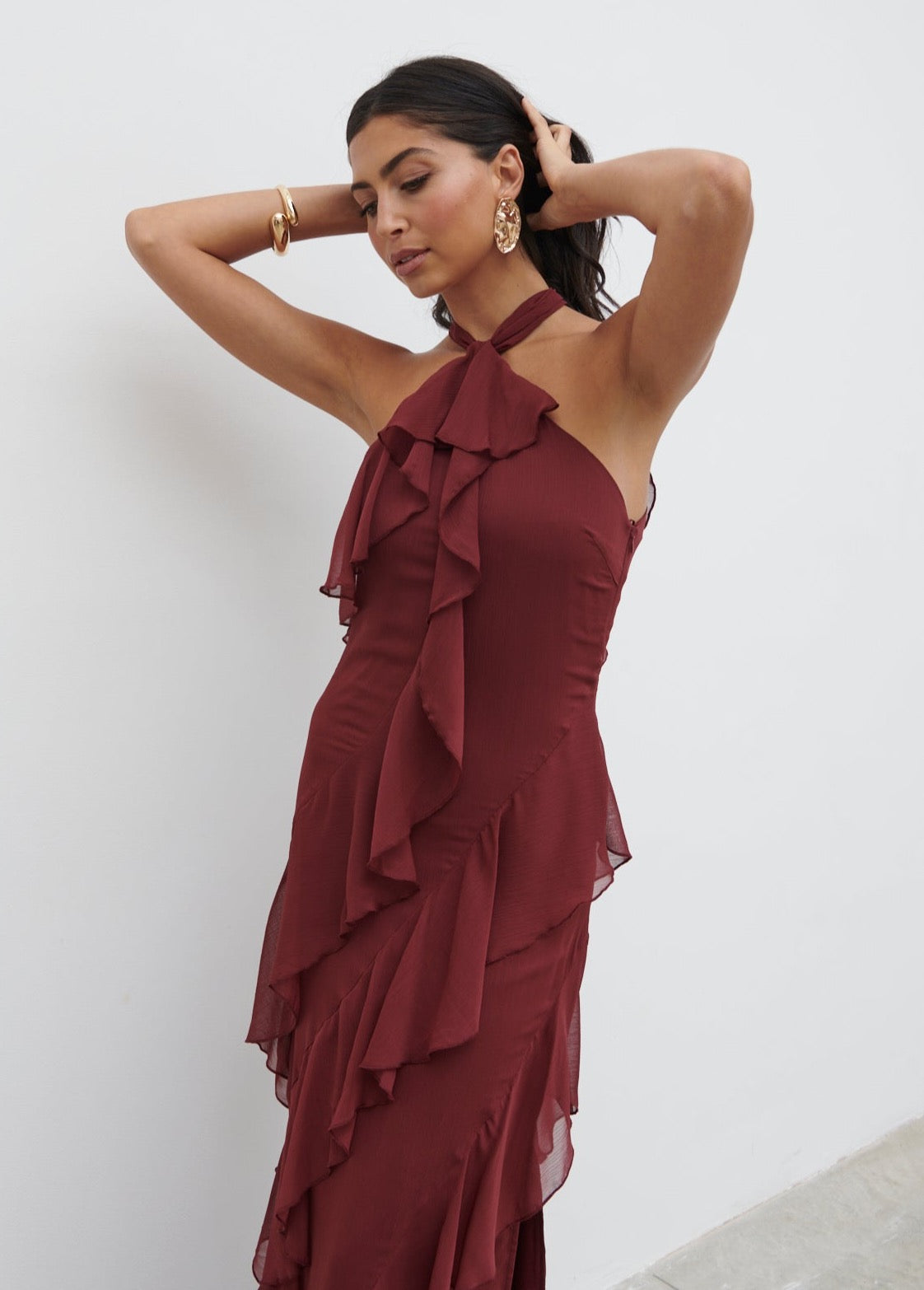 Aria Halter Neck Ruffle Maxi Dress - Wine