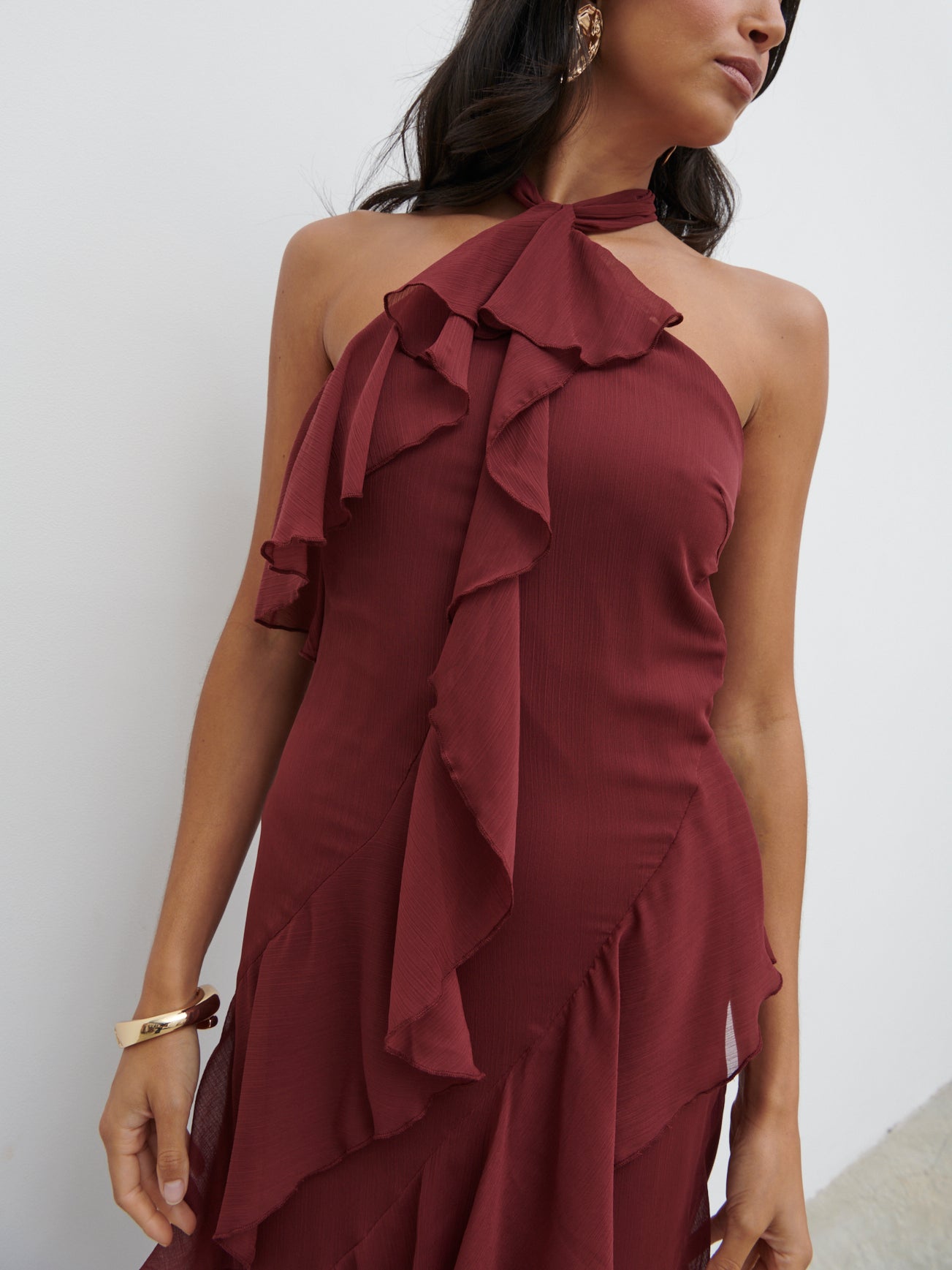 Aria Halter Neck Ruffle Maxi Dress - Wine