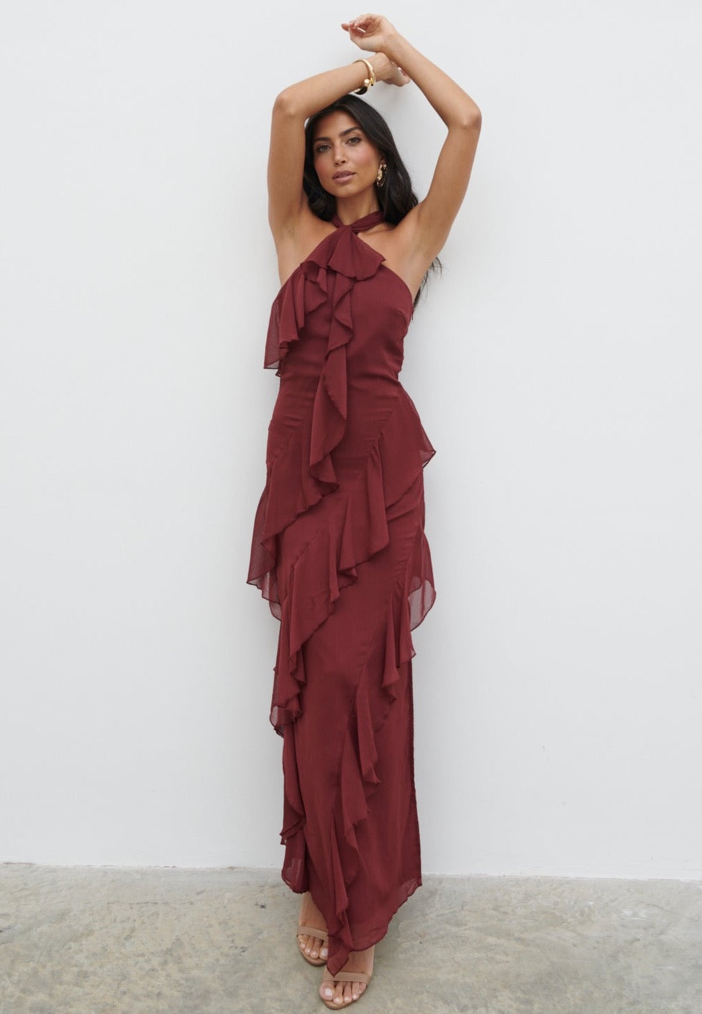 Aria Halter Neck Ruffle Maxi Dress - Wine