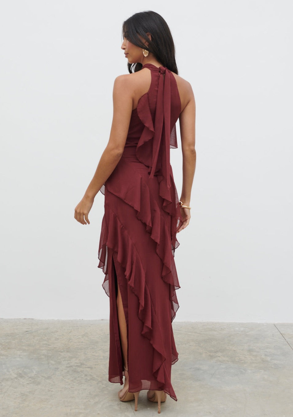 Aria Halter Neck Ruffle Maxi Dress - Wine