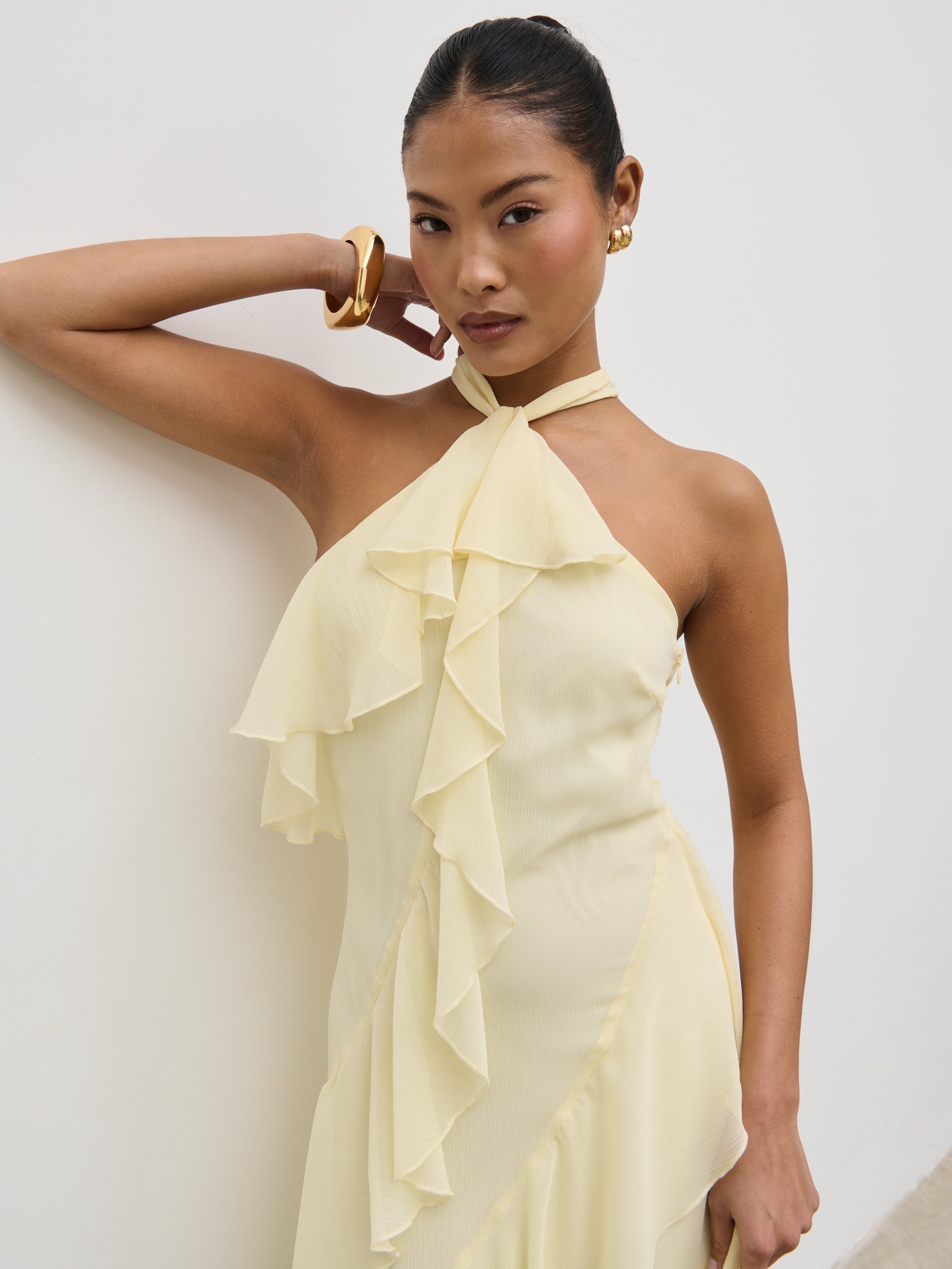 halterneck ruffle-appliqu midaxi dress in ivory Square Neck Halterneck Tailored Midaxi Dress In Cream | EGO US