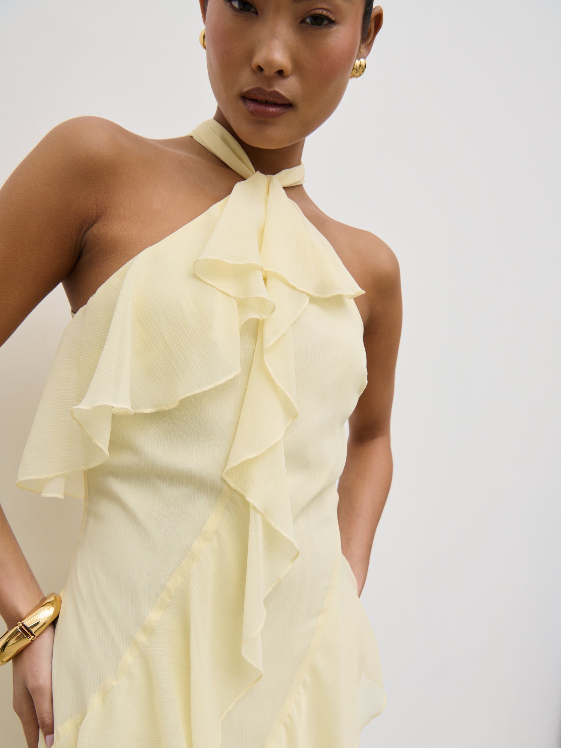 Aria Halterneck Ruffle Midaxi Dress - Lemon Aria Halterneck Ruffle Midaxi Dress - Lemon