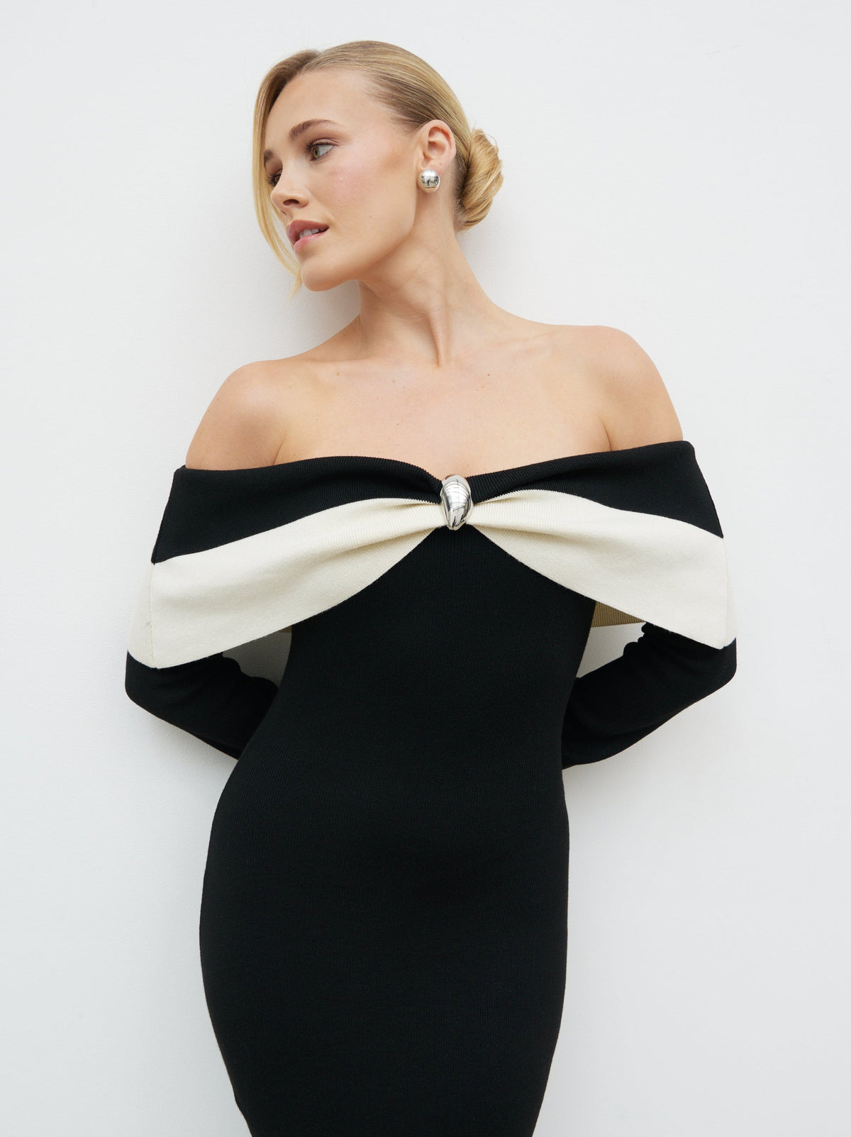 Aroma Bardot Trim Knit Midaxi Dress Cream