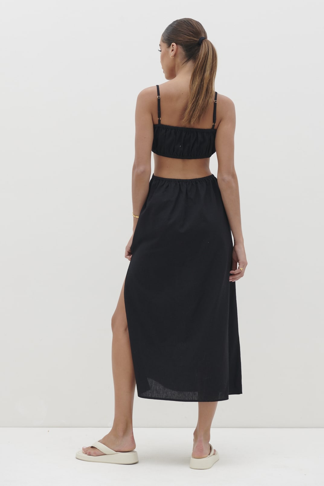 hardware detail cut-out midaxi dress in black Black Cut Out Gold Button Detail Midaxi Dress