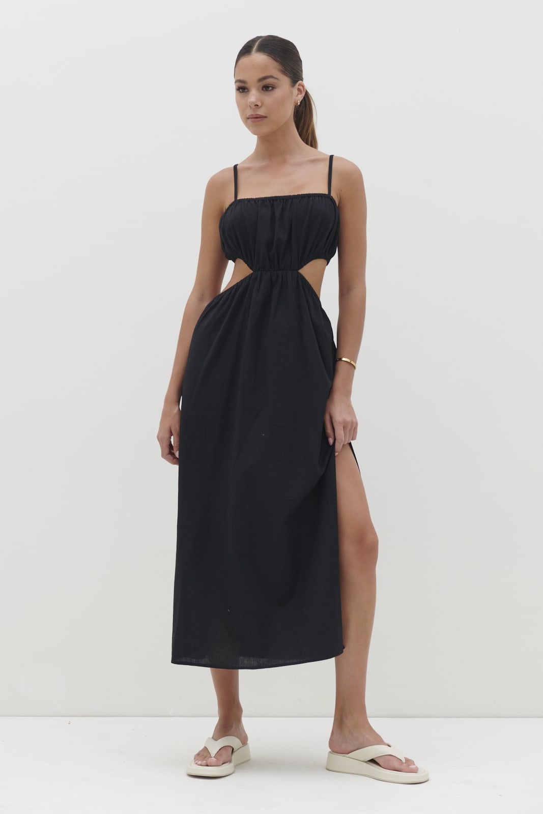hardware detail cut-out midaxi dress in black Rent Never Fully Dressed Textured Cut-Out Tassel Midaxi Dress In Black