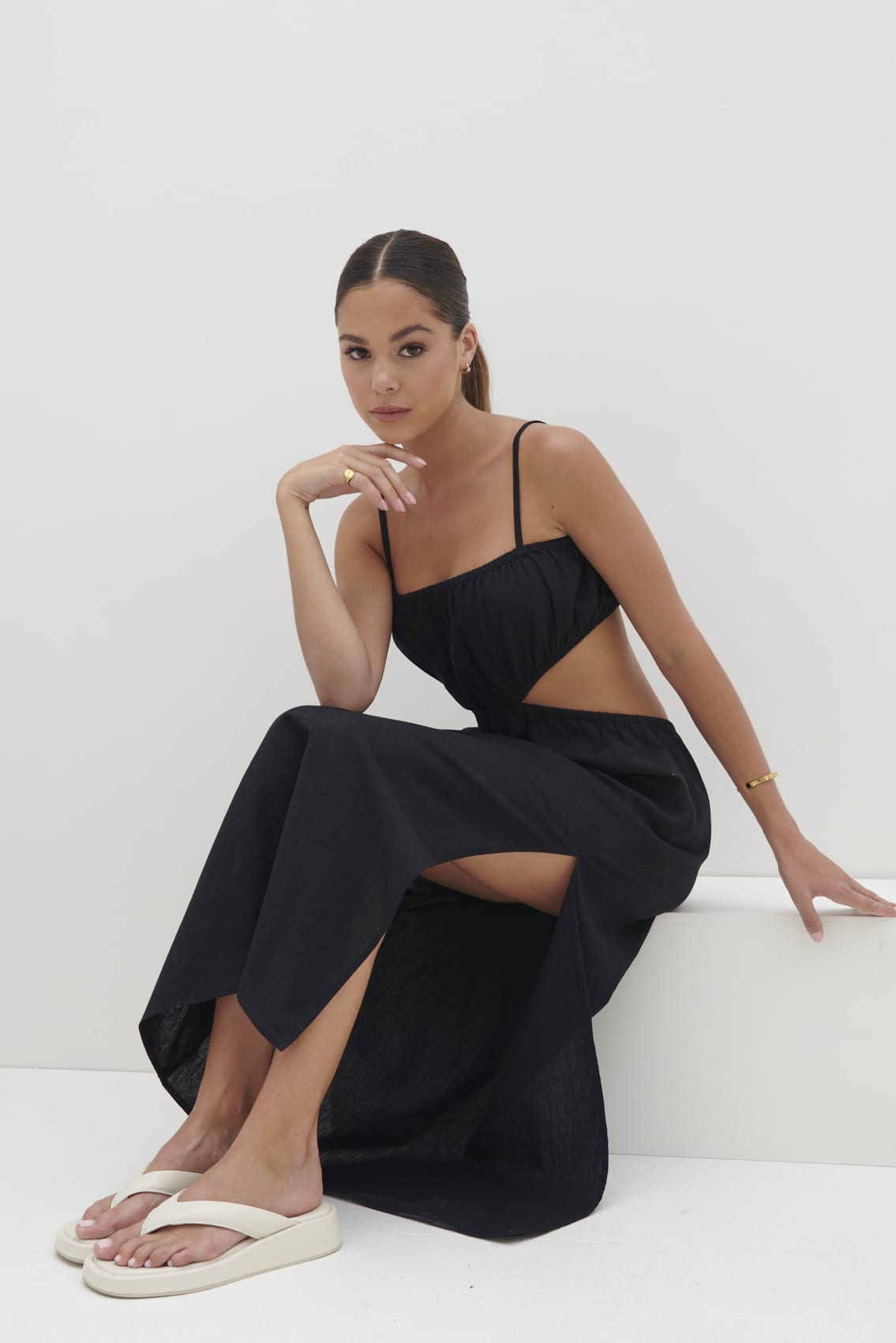 hardware detail cut-out midaxi dress in black Adeline