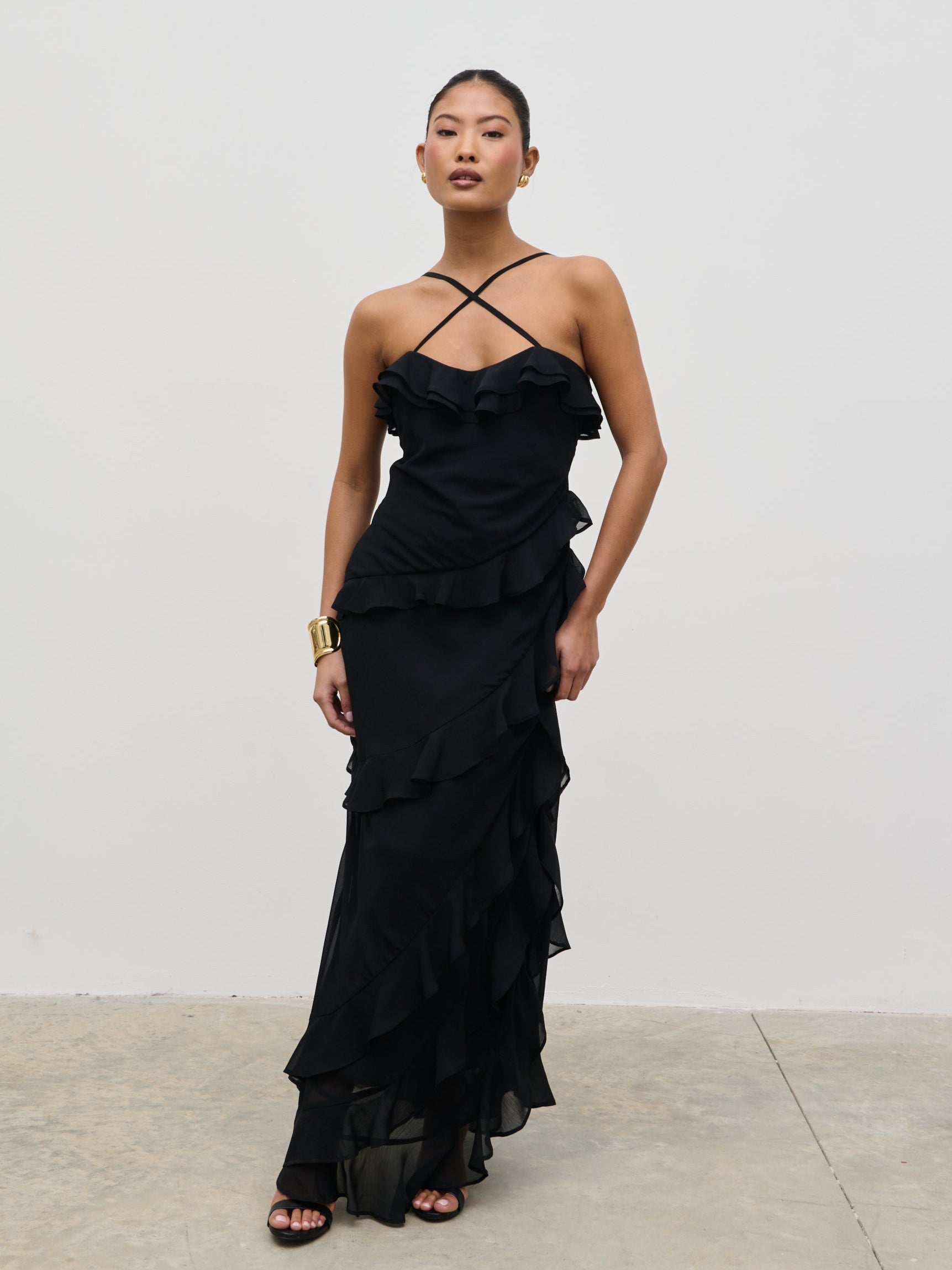 Aryana Ruffle Midaxi Dress Black