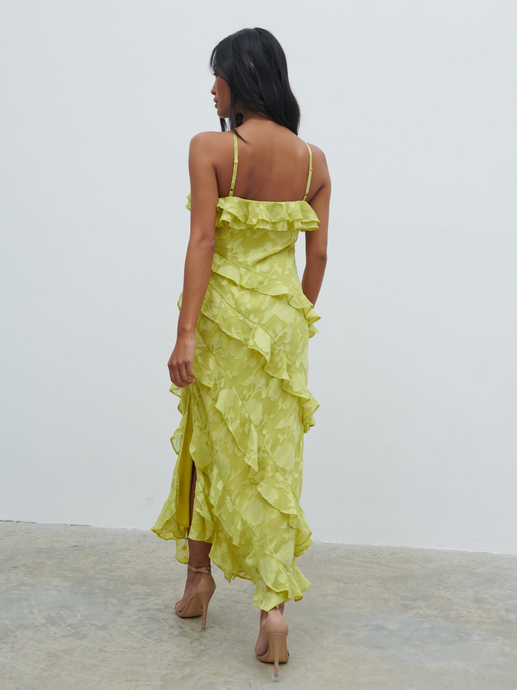 Aryana Jacquard Ruffle Midaxi Dress - Chartreuse
