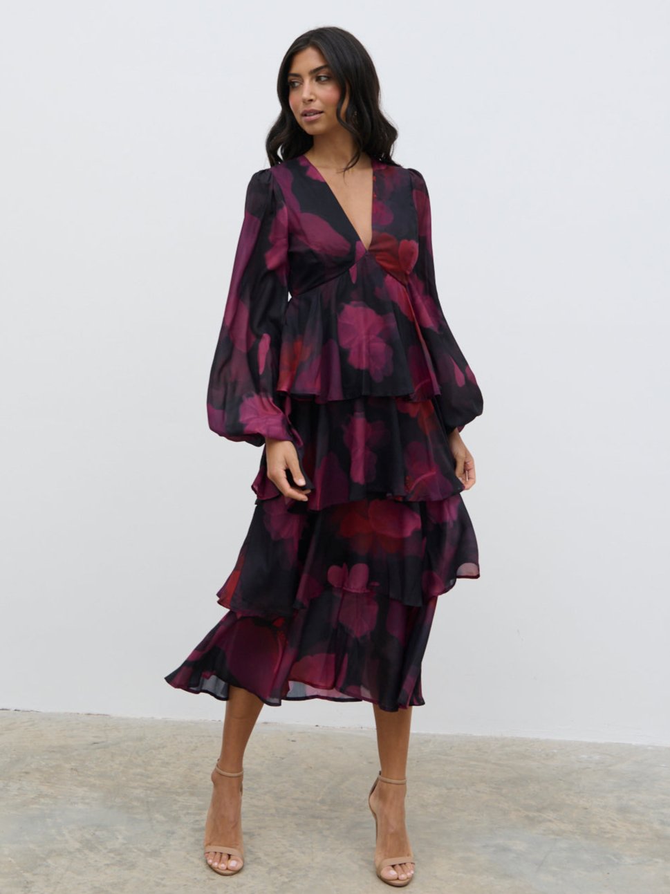 Ashton Ruffle Midi Dress - Berry