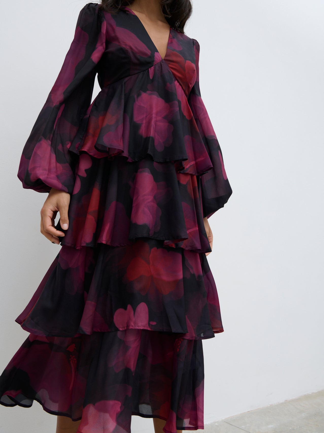 Ashton Ruffle Midi Dress - Berry