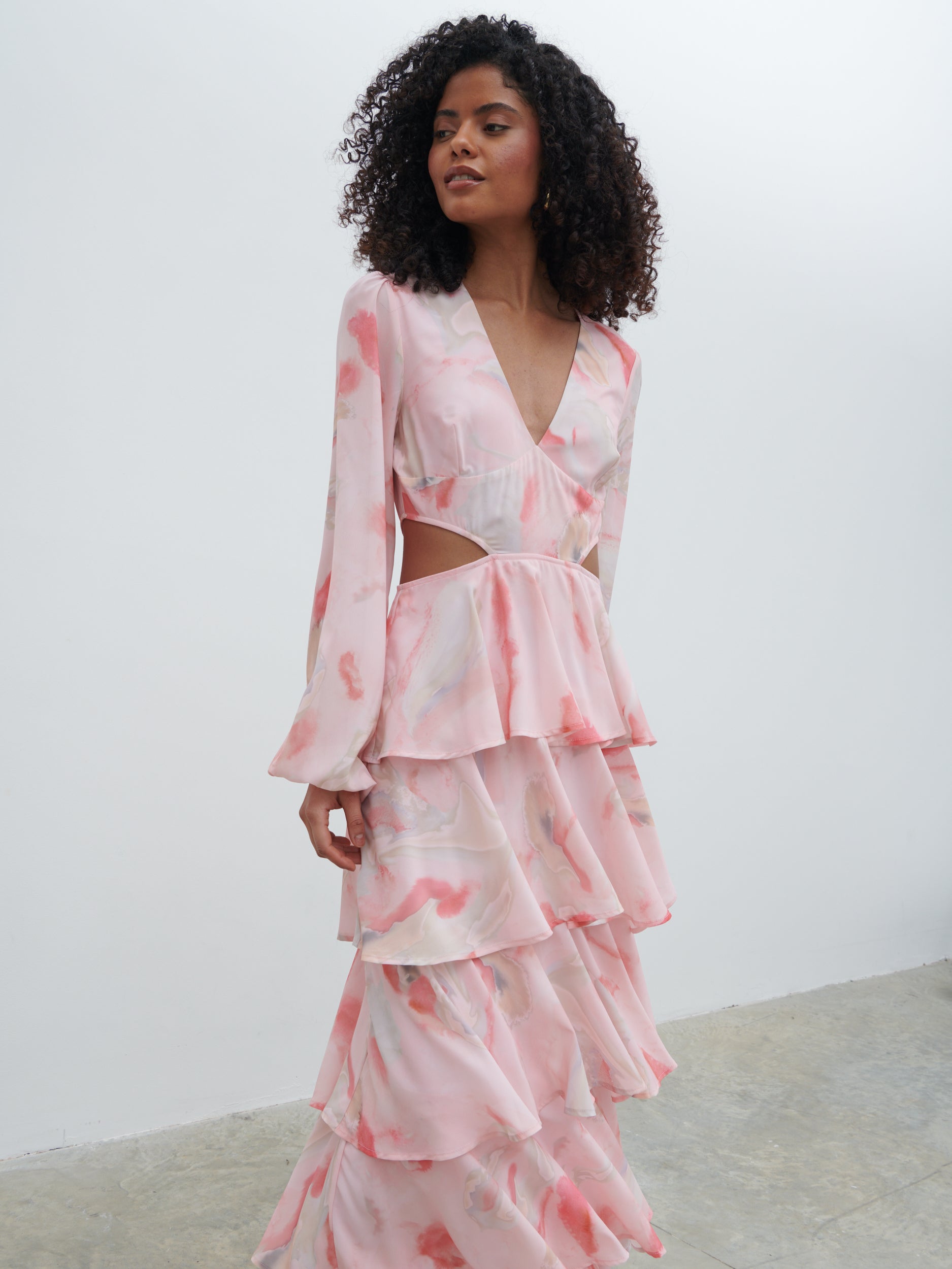 marble cut out dress Annika Satin Marble Side Cutout Midi Dress VICI