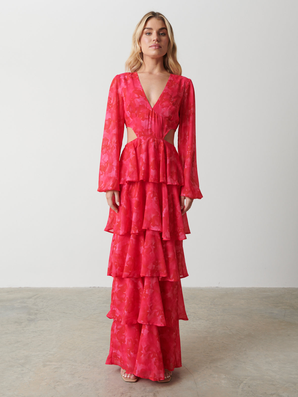 Ashton Cut Out Maxi Dress - Pink and Red Watercolour