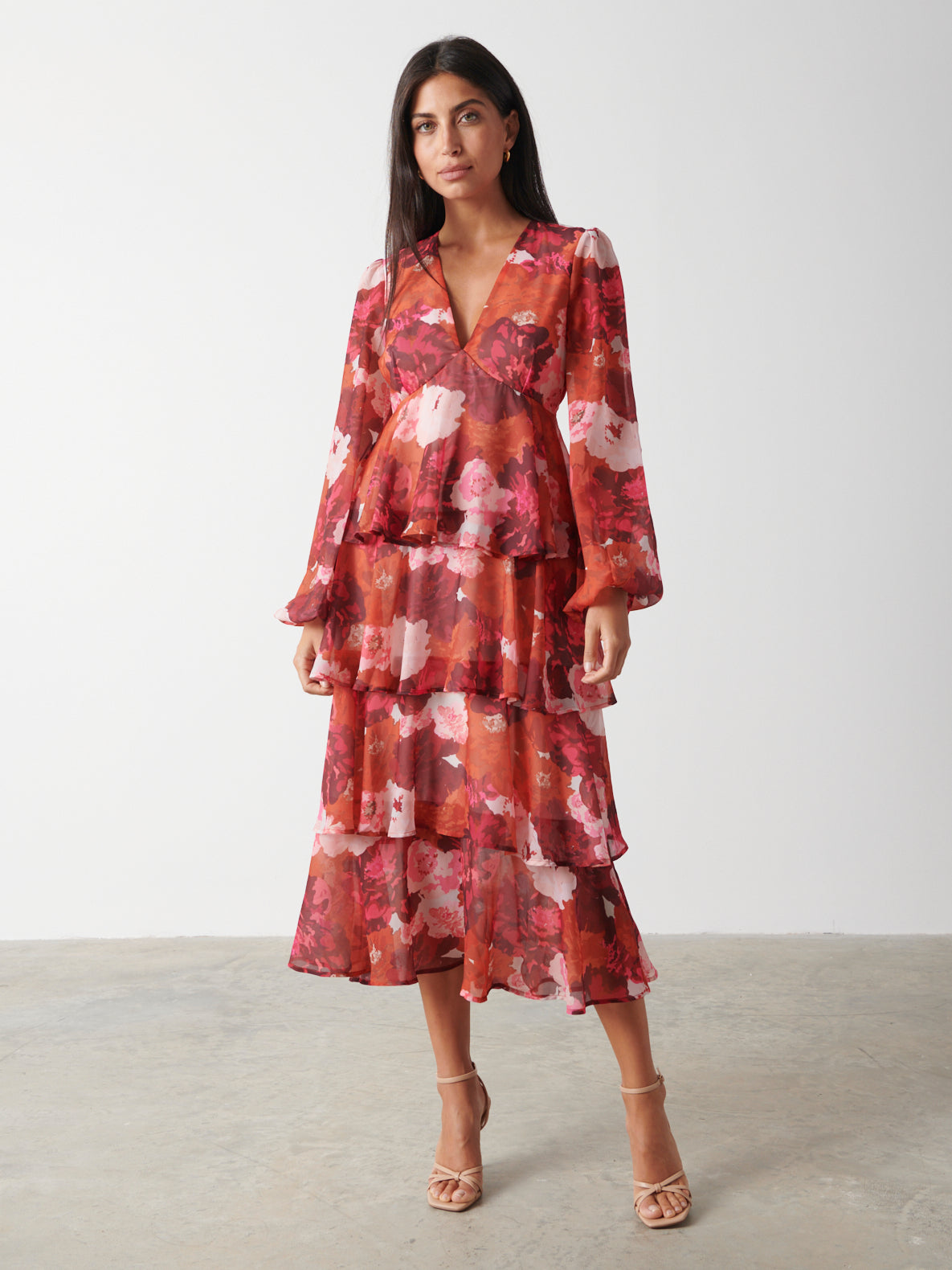 Ashton Ruffle Midi Dress - Orange and Wine Floral – Pretty Lavish