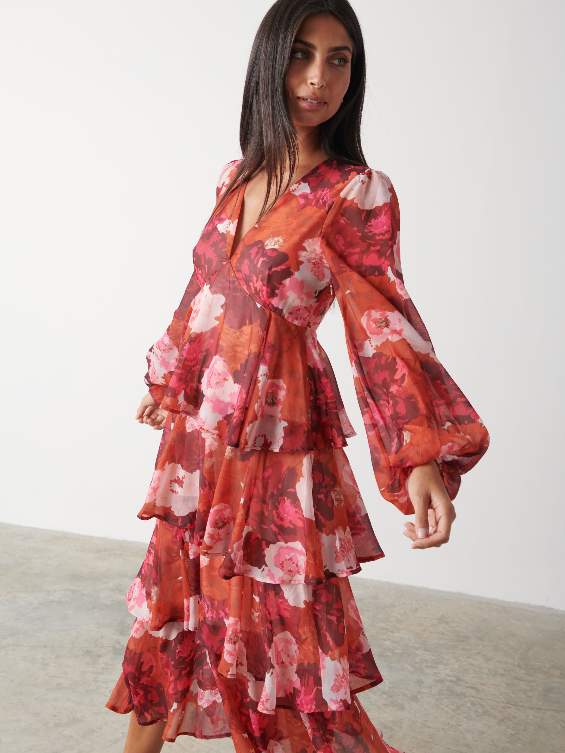 Ashton Ruffle Midi Dress - Orange and Wine Floral – Pretty Lavish