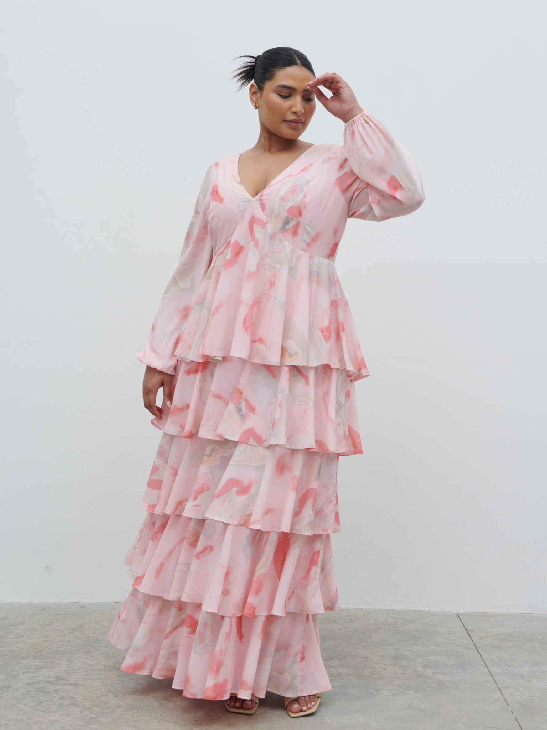 Ashton Ruffle Maxi Dress Curve - Pink Marble Ombre