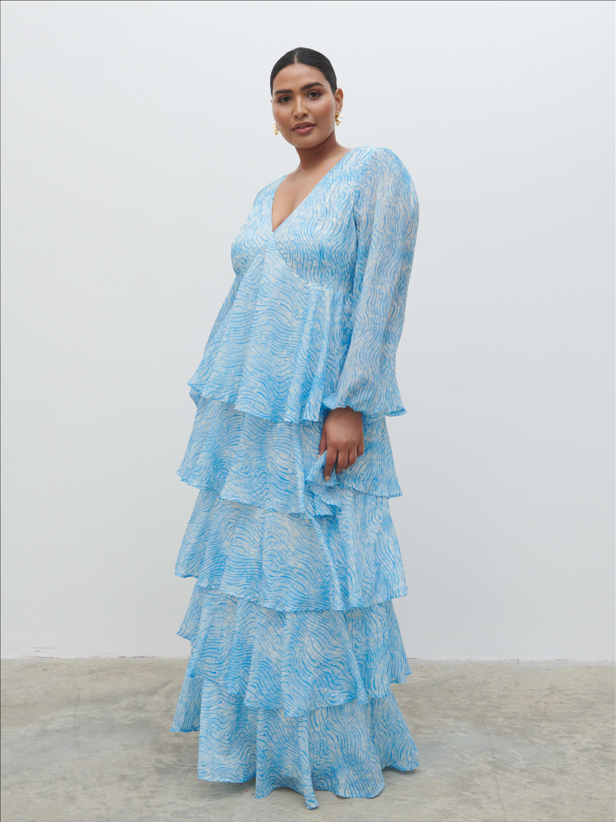Ashton Ruffle Maxi Dress Curve Blue Swirl - Main Image