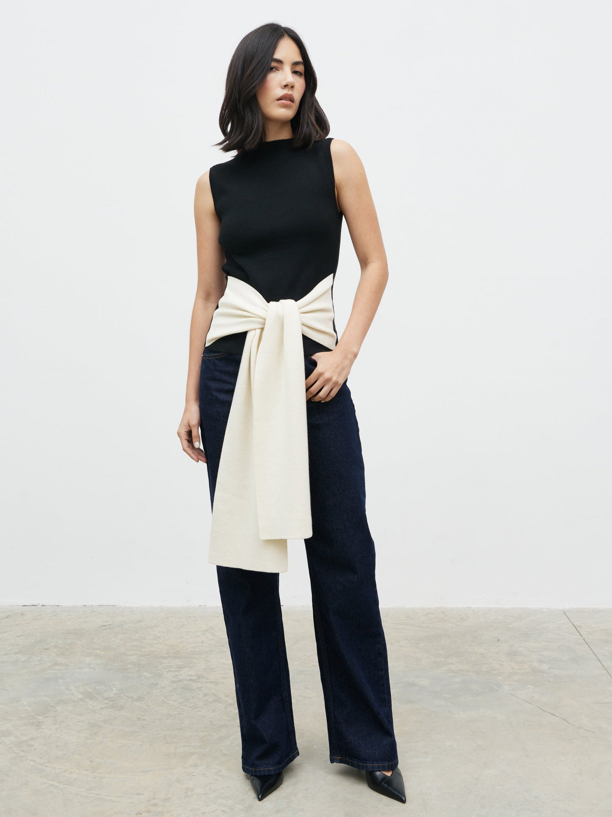 Audrey Waist Tie Sleeveless Knit Top Cream