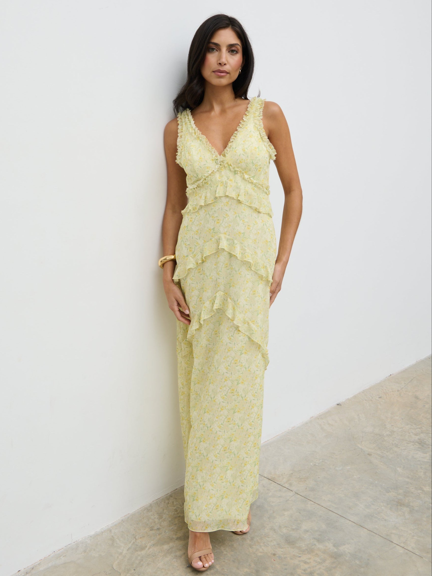 Aurelia Ruffle Maxi Dress - Lime Ditsy Floral Pretty Lavish Aurelia Ruffle Maxi Dress - Lime Ditsy Floral Pretty Lavish