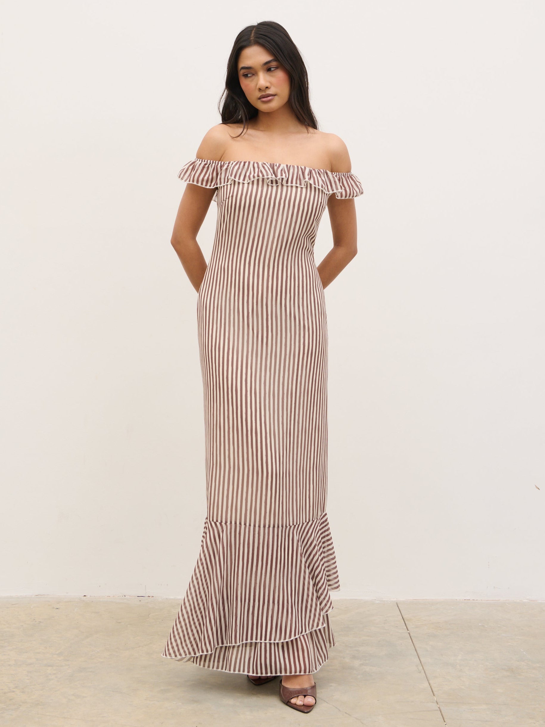 Aveline Bardot Maxi Dress Cream Stripe